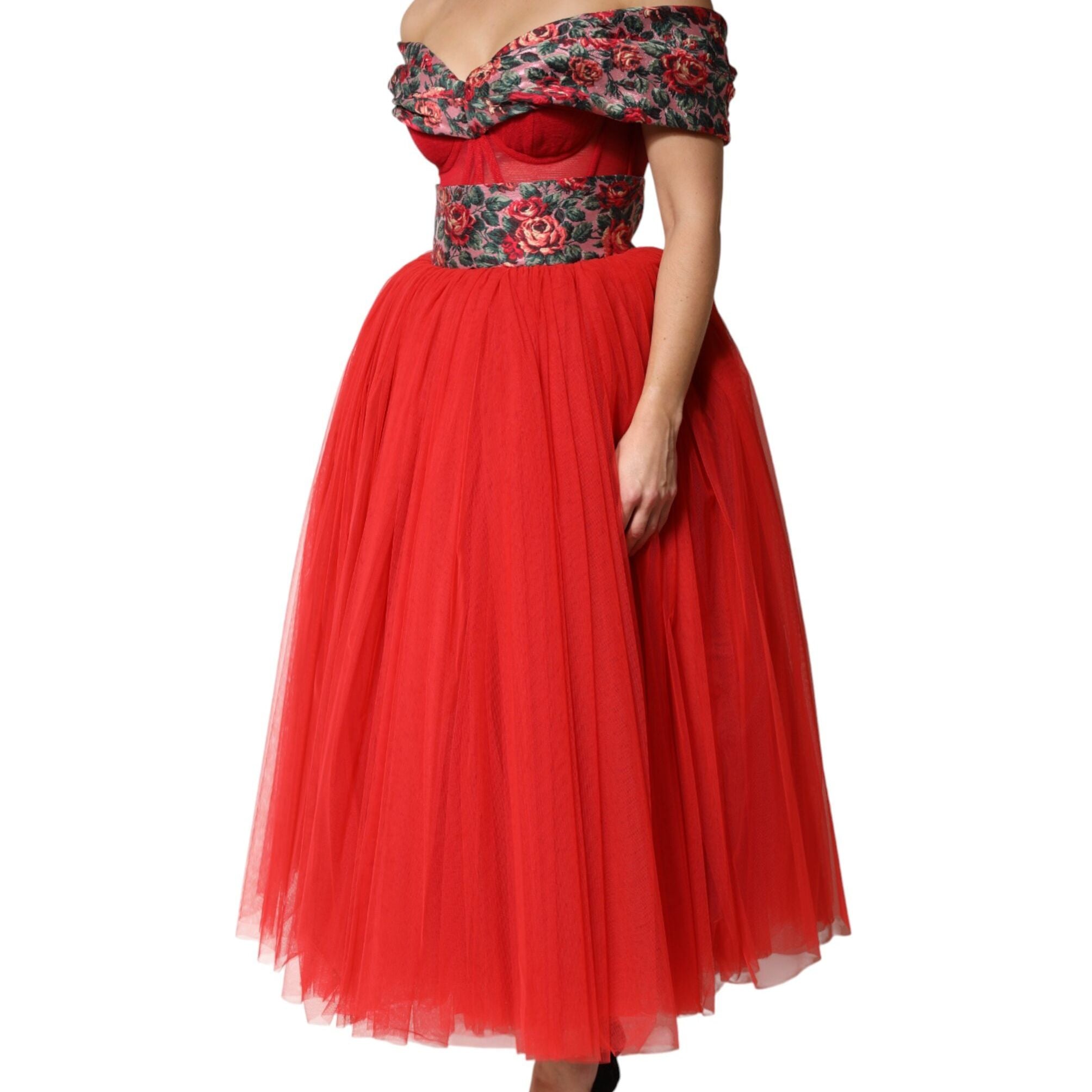 Dolce & Gabbana Red Floral Off Shoulder A-line Gown Dress