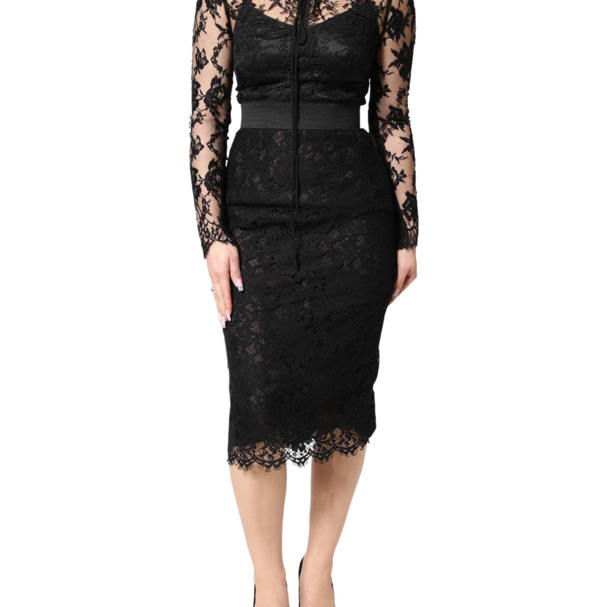 Dolce & Gabbana Black Lace Trim Cotton Sheath Midi Dress