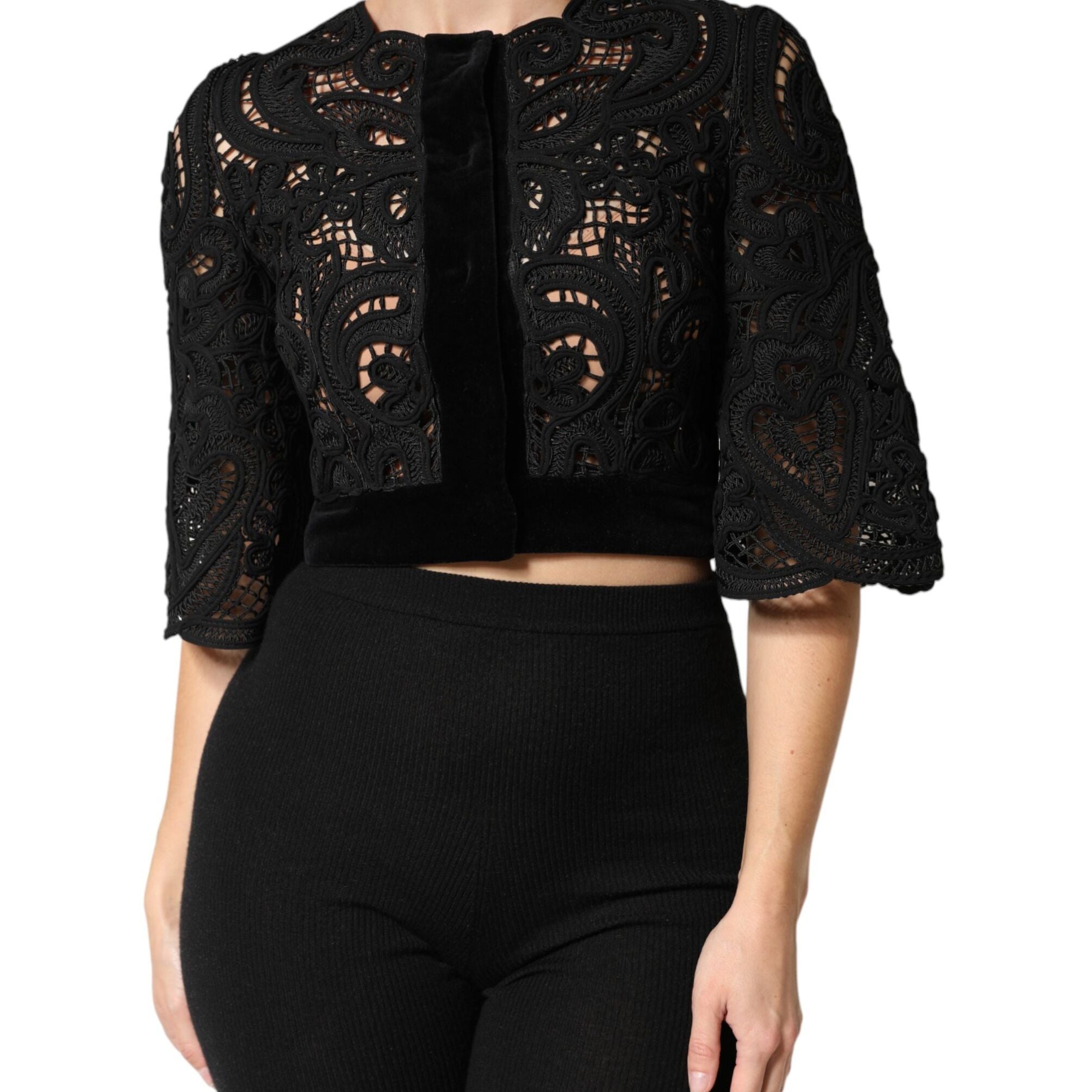 Dolce & Gabbana Black Floral Lace Cropped Coat Jacket