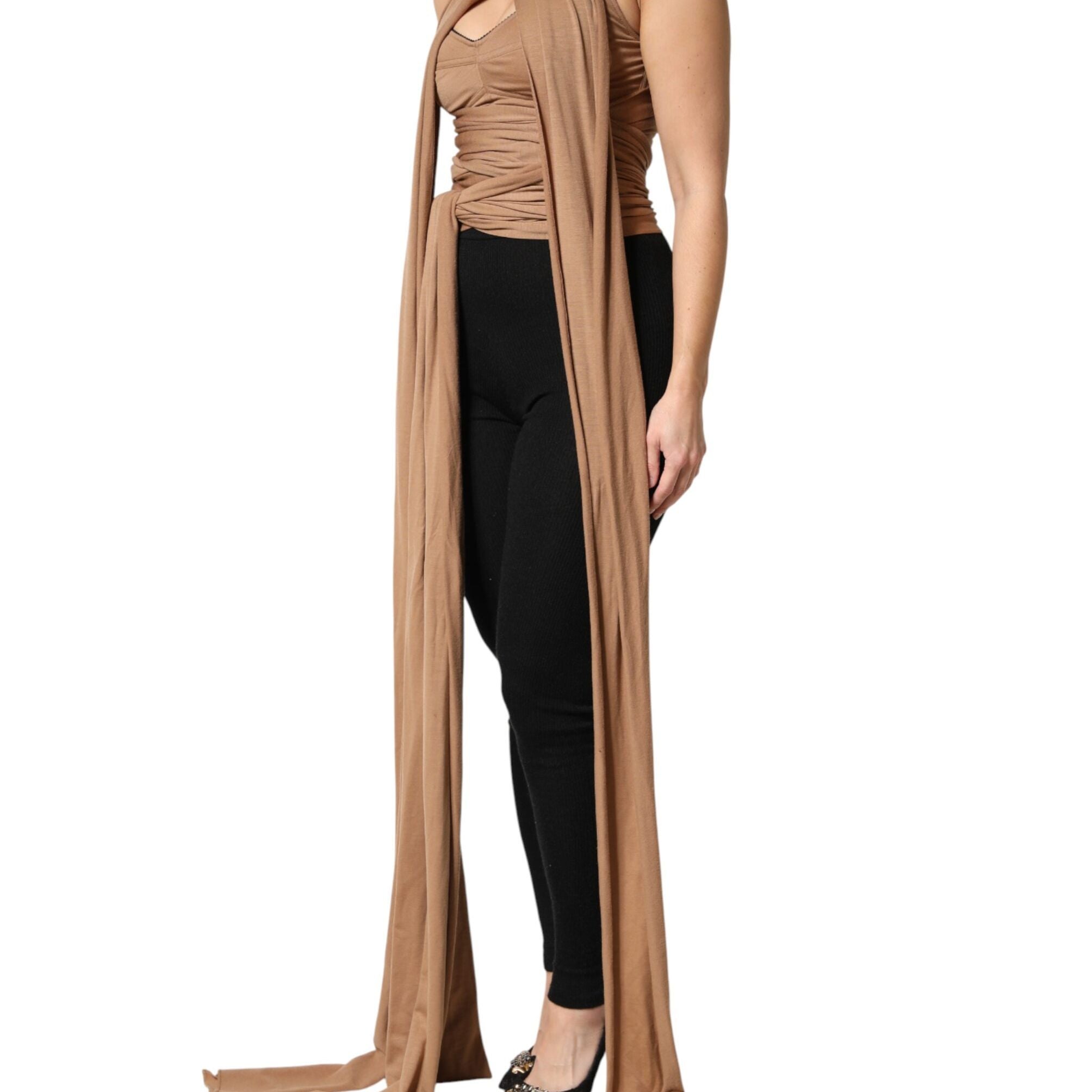 Dolce & Gabbana Brown Virgin Wool Sleeveless Scarf Tank Top