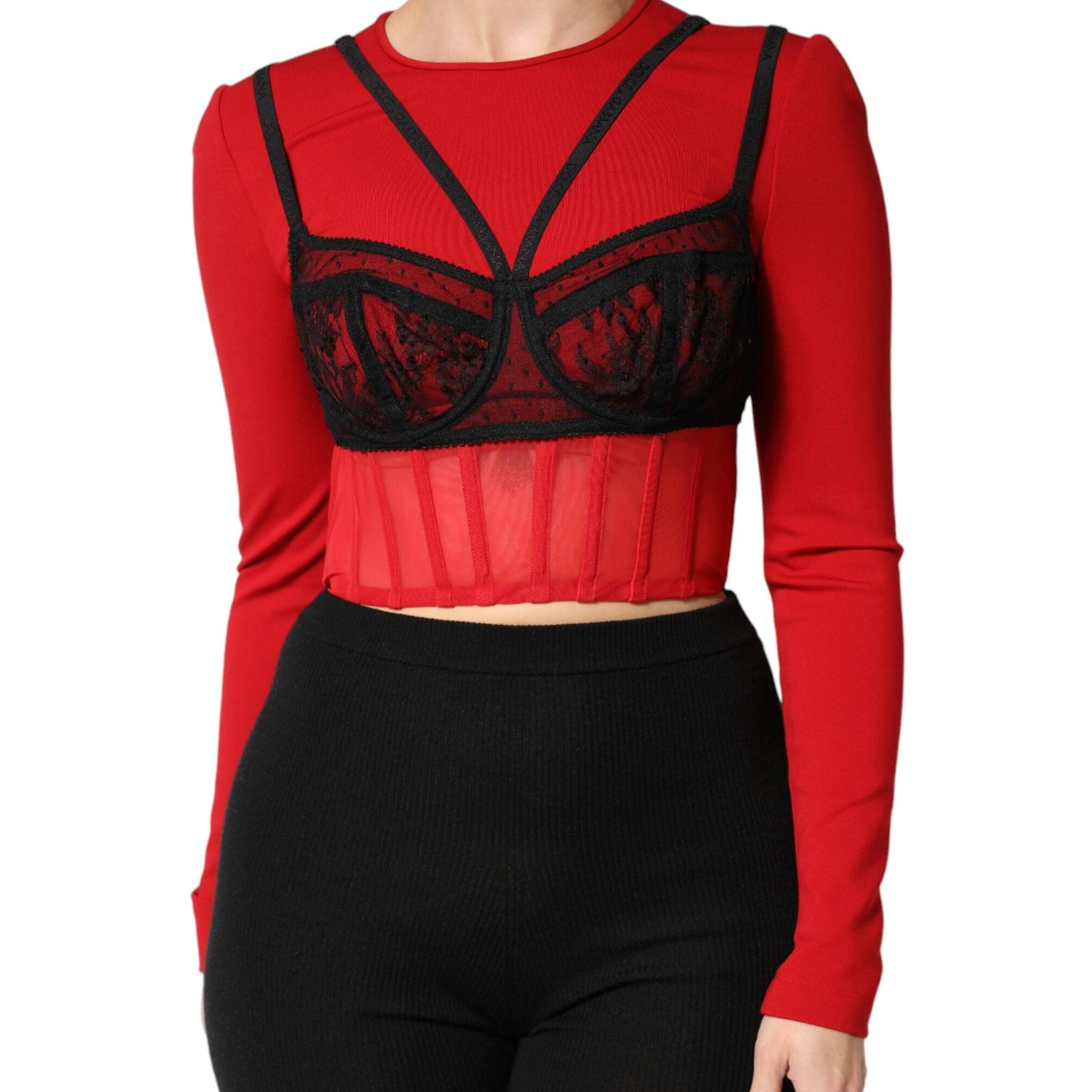 Dolce & Gabbana Red Black Nylon Bralette-Style Cropped Top