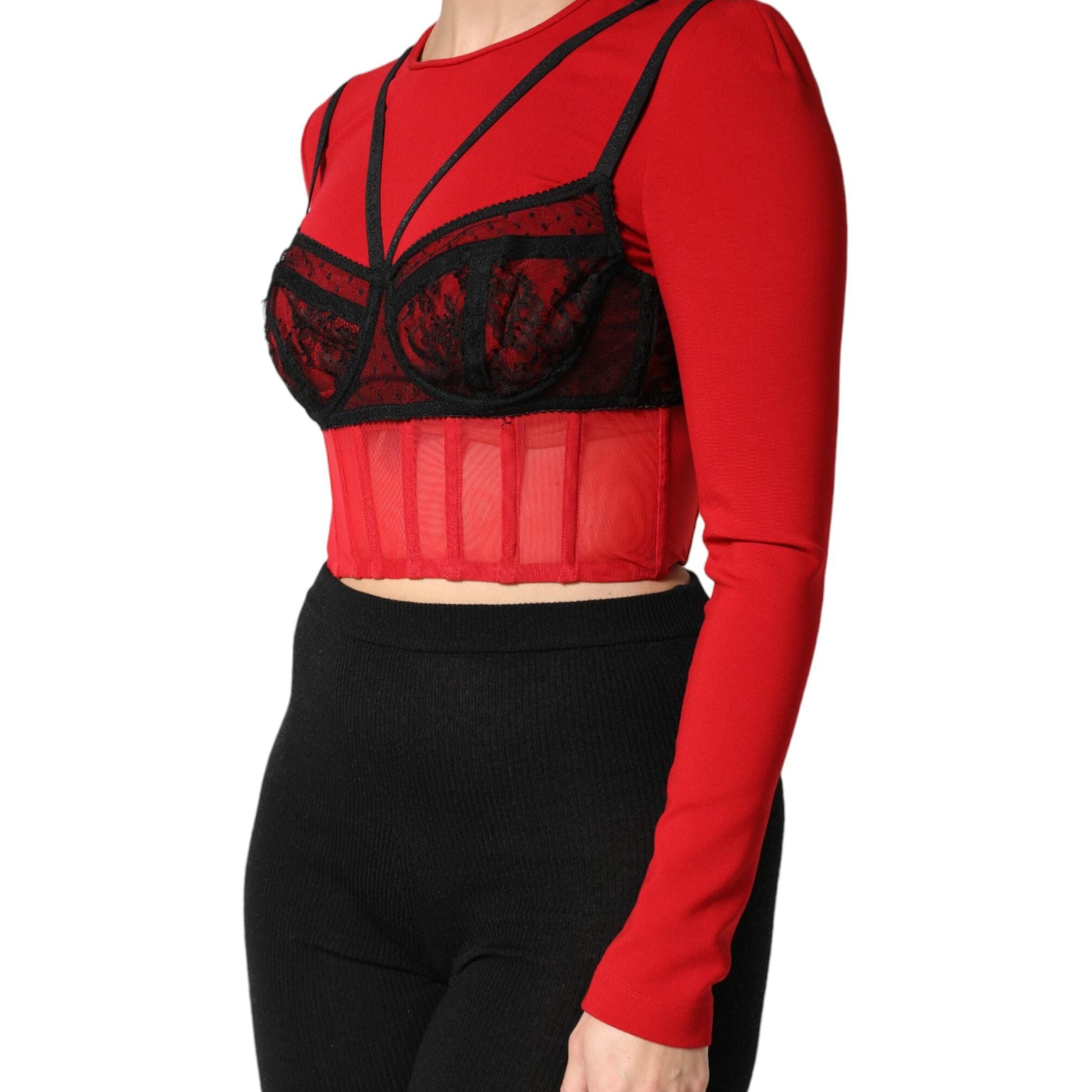 Dolce & Gabbana Red Black Nylon Bralette-Style Cropped Top