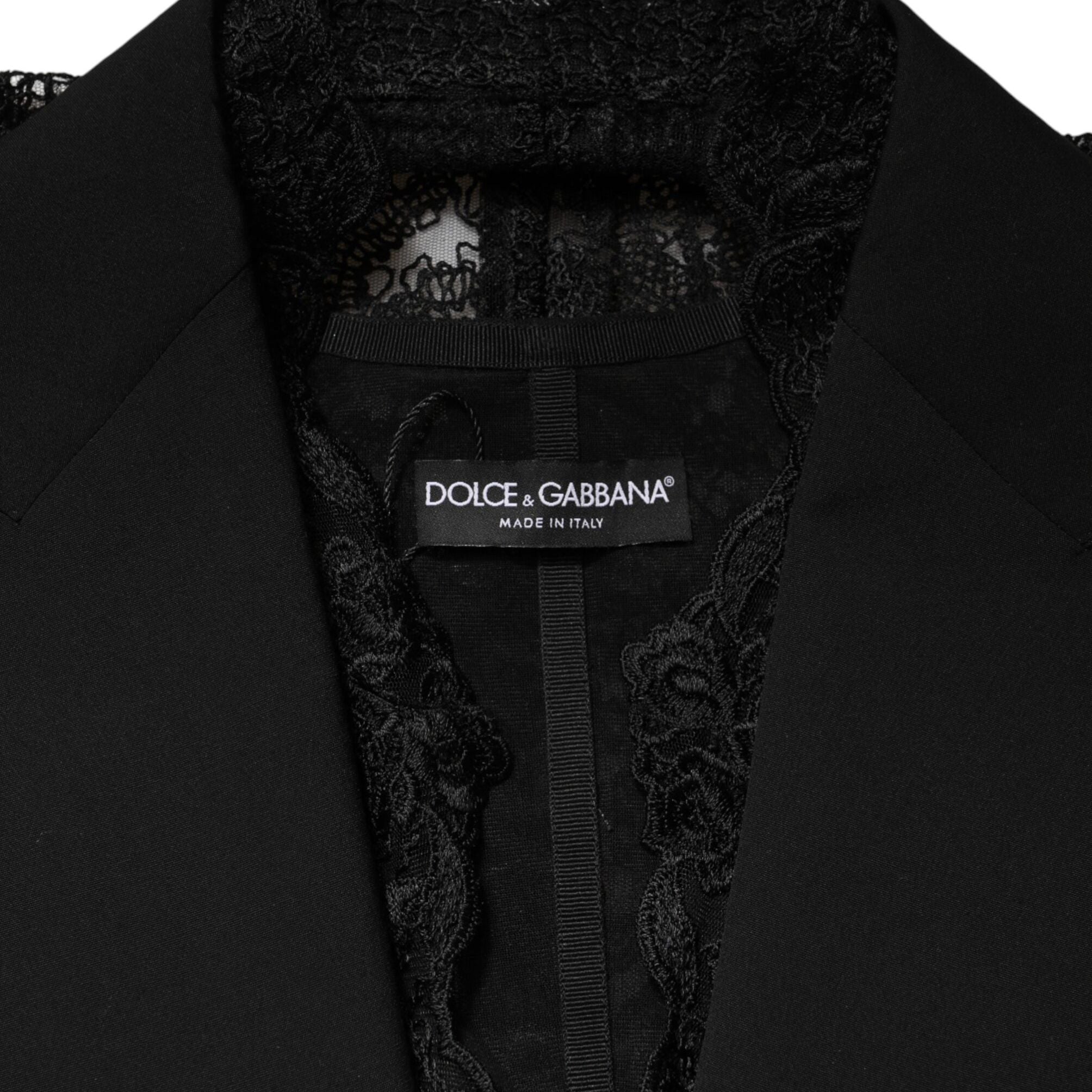 Dolce & Gabbana Black Lace V-neck Slit Hem Gathered Waist Vest Jacket