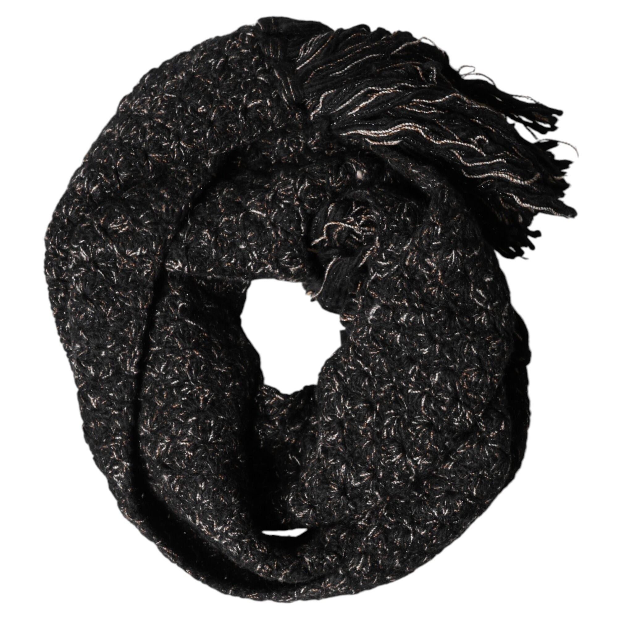 Dolce & Gabbana Black Wool Fringes Neck Wrap Foulard Scarf