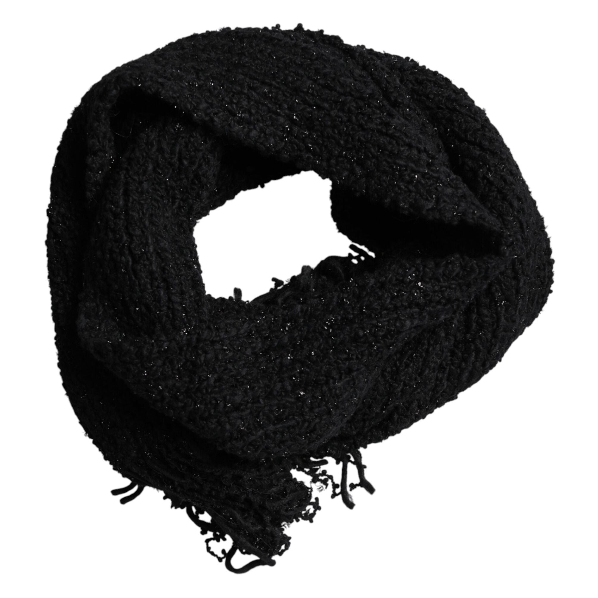 Dolce & Gabbana Black Wool Fringes Neck Wrap Foulard Scarf