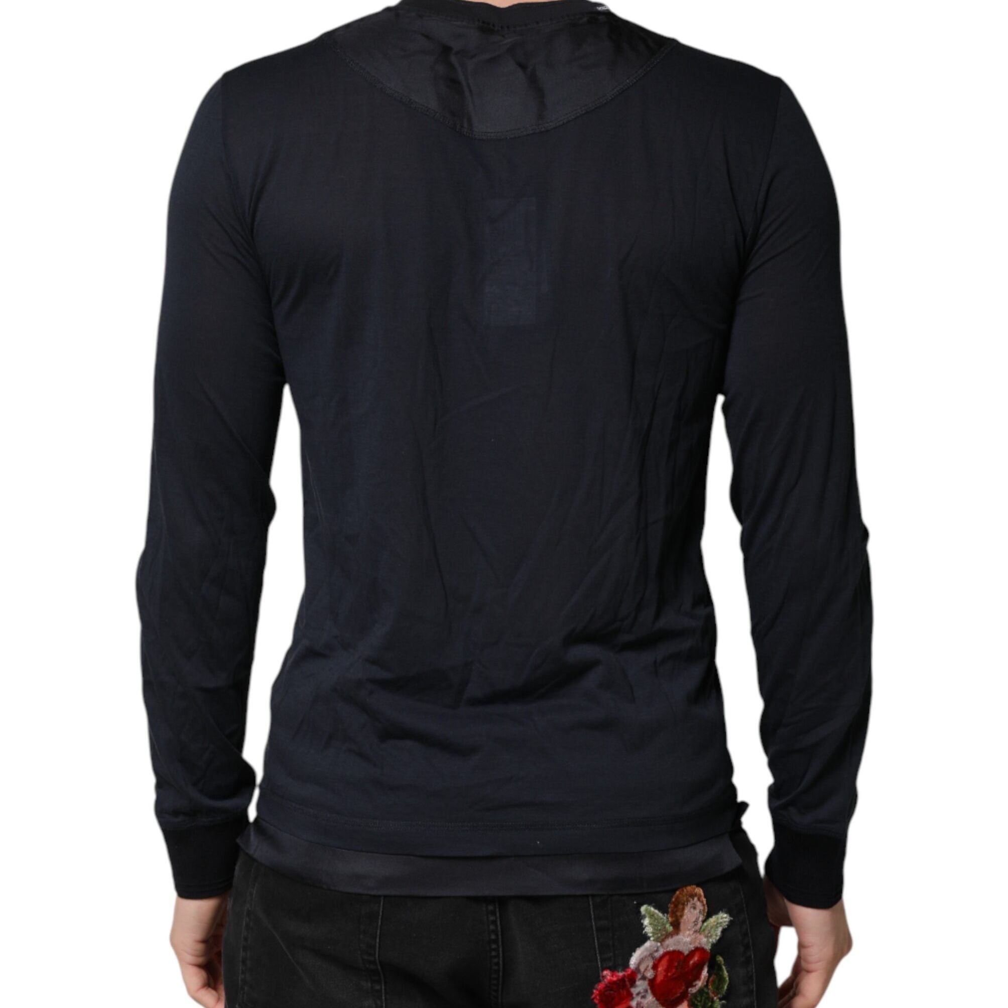 Dolce & Gabbana Dark Blue Cotton Henley Long Sleeves T-Shirt