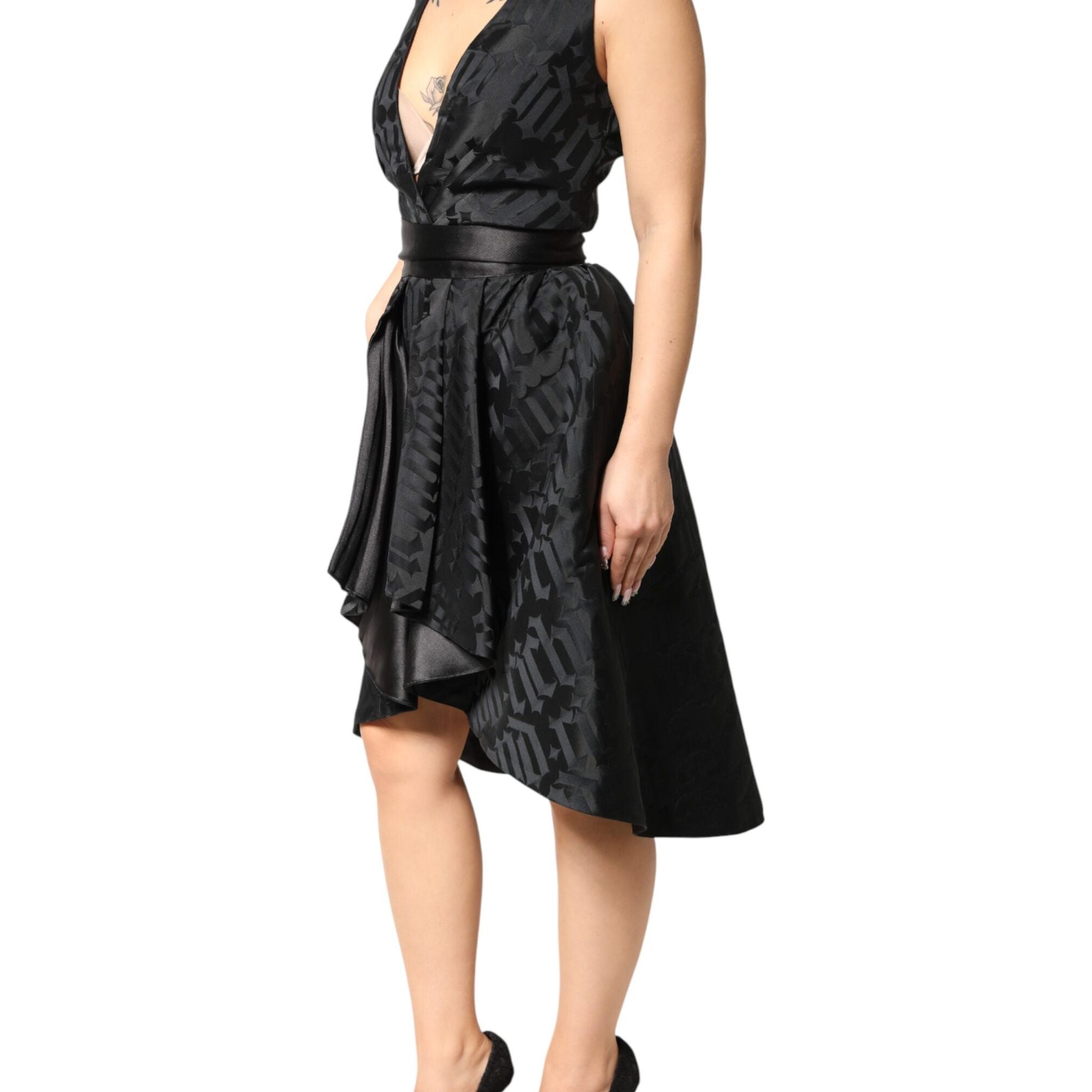 John Richmond Black Jacquard Deep V-neck Sleeveless 2 Pc Dress