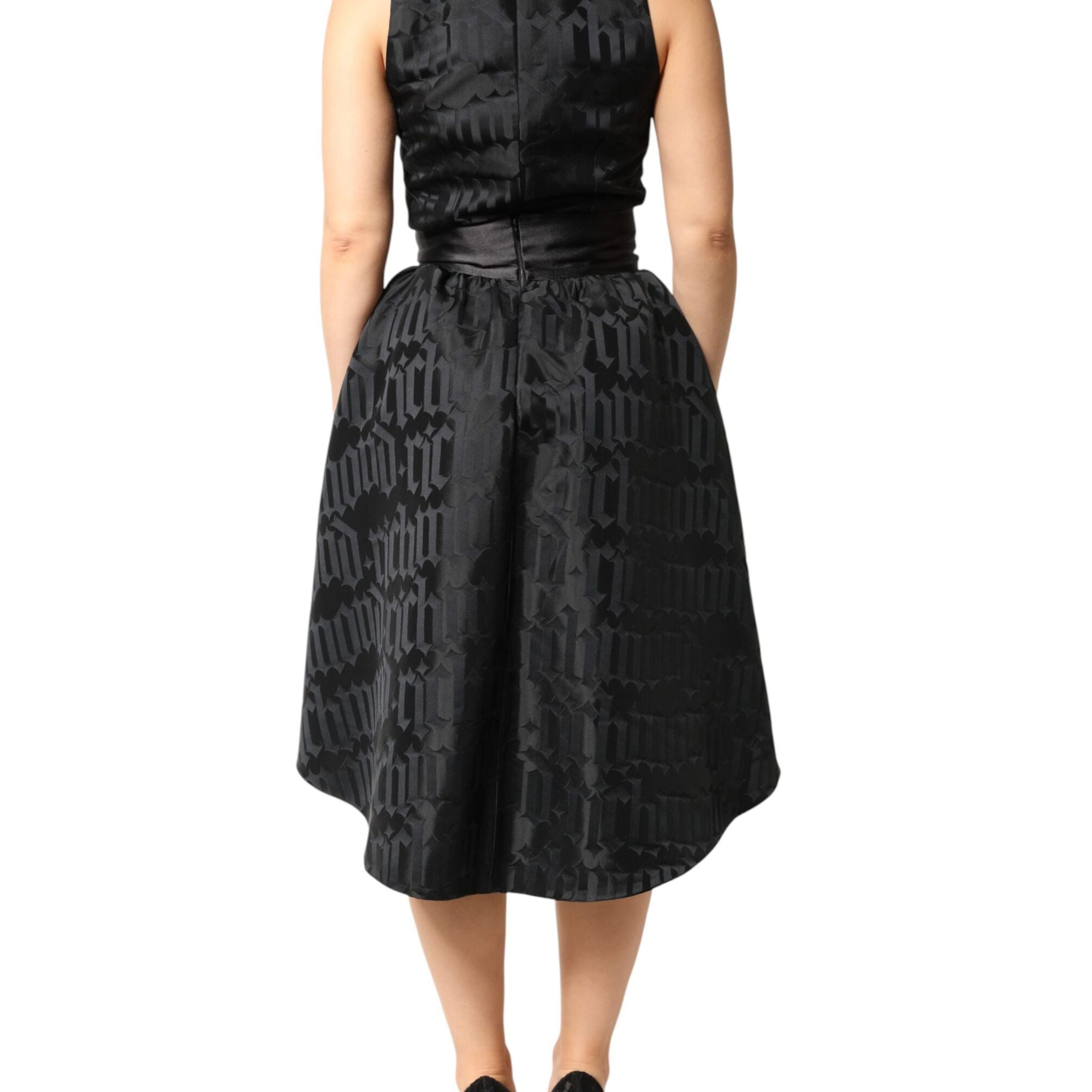 John Richmond Black Jacquard Deep V-neck Sleeveless 2 Pc Dress