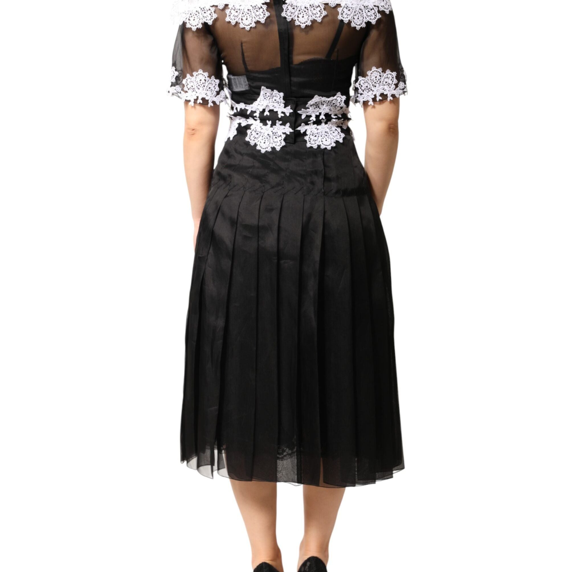 Dolce & Gabbana Black White Silk Macrame Lace Midi Dress