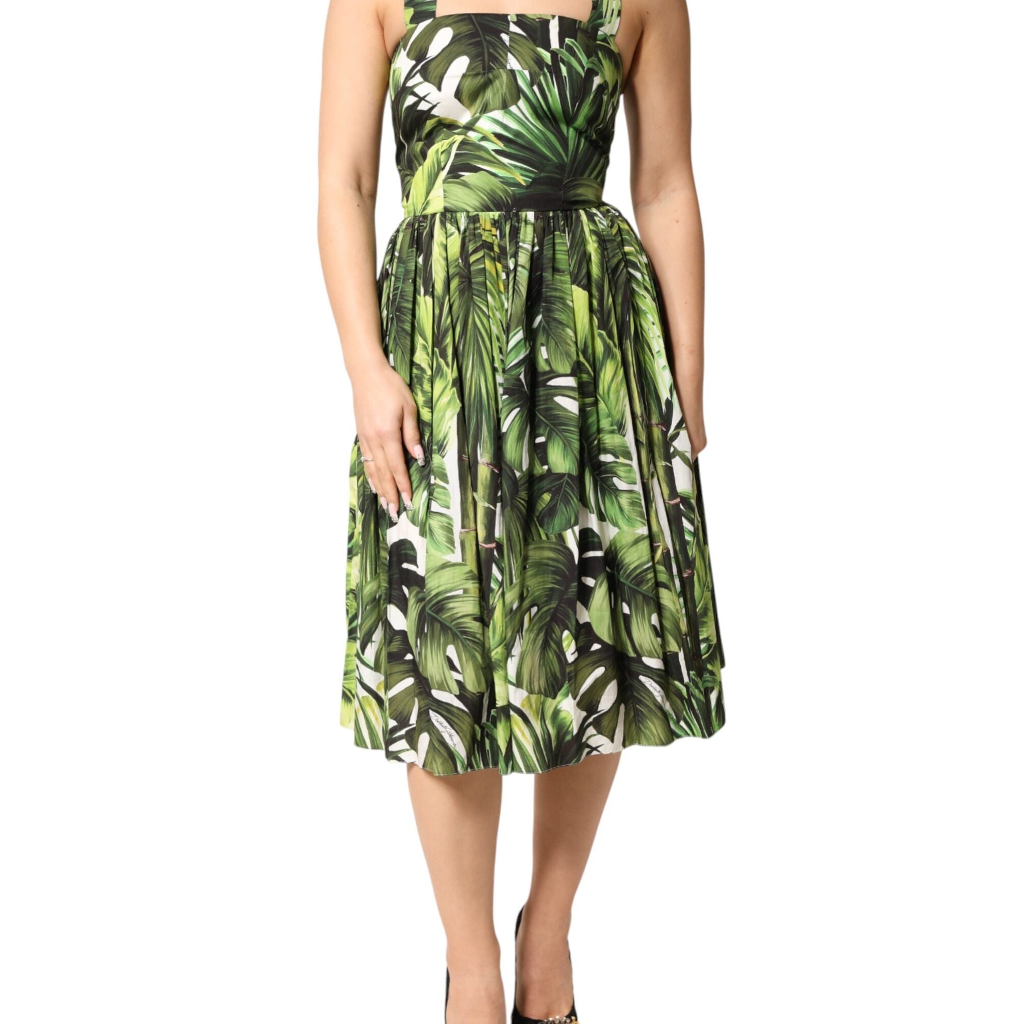 Dolce & Gabbana Green Leaves Print Cotton Halter Midi Dress