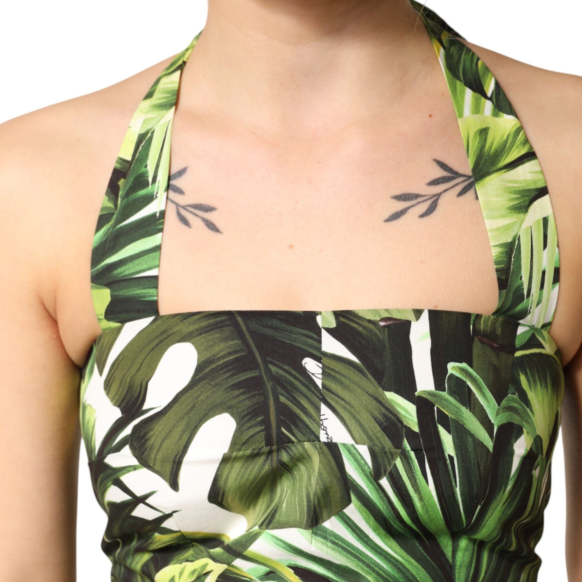 Dolce & Gabbana Green Leaves Print Cotton Halter Midi Dress