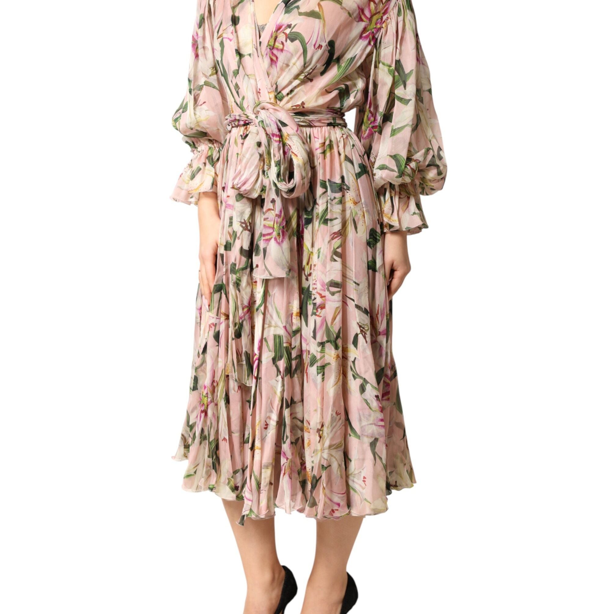 Dolce & Gabbana Pink Lily Print A-line Pleated Maxi Dress