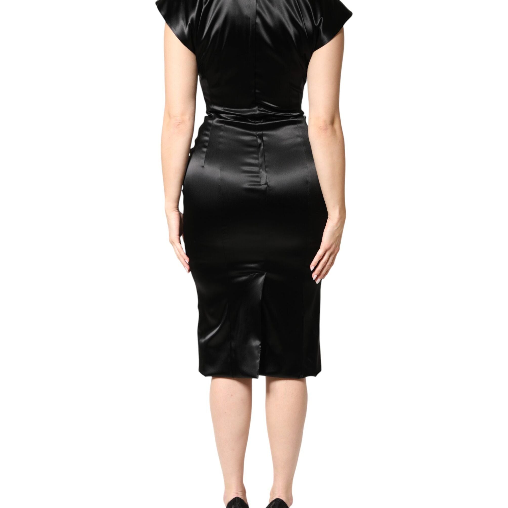 Dolce & Gabbana Black Satin Sheath Midi Cap Sleeves Dress