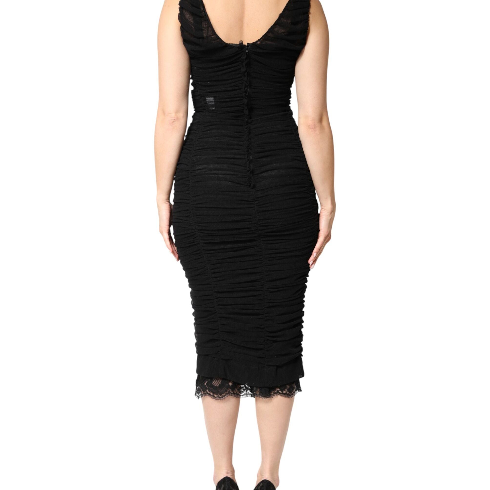 Dolce & Gabbana Black V-Neck Ruched Lace Hem Midi Dress