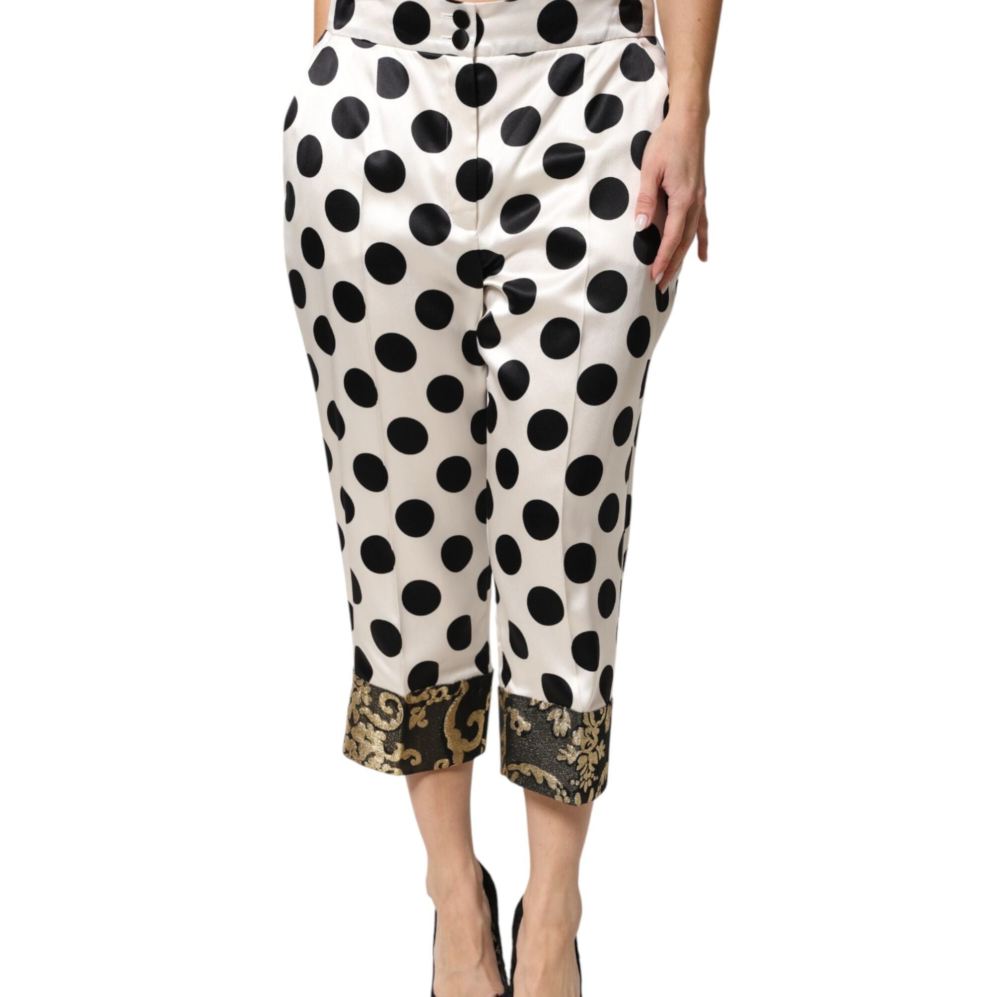 Dolce & Gabbana White Black Polka Dot Silk Mid Waist Cropped Pants