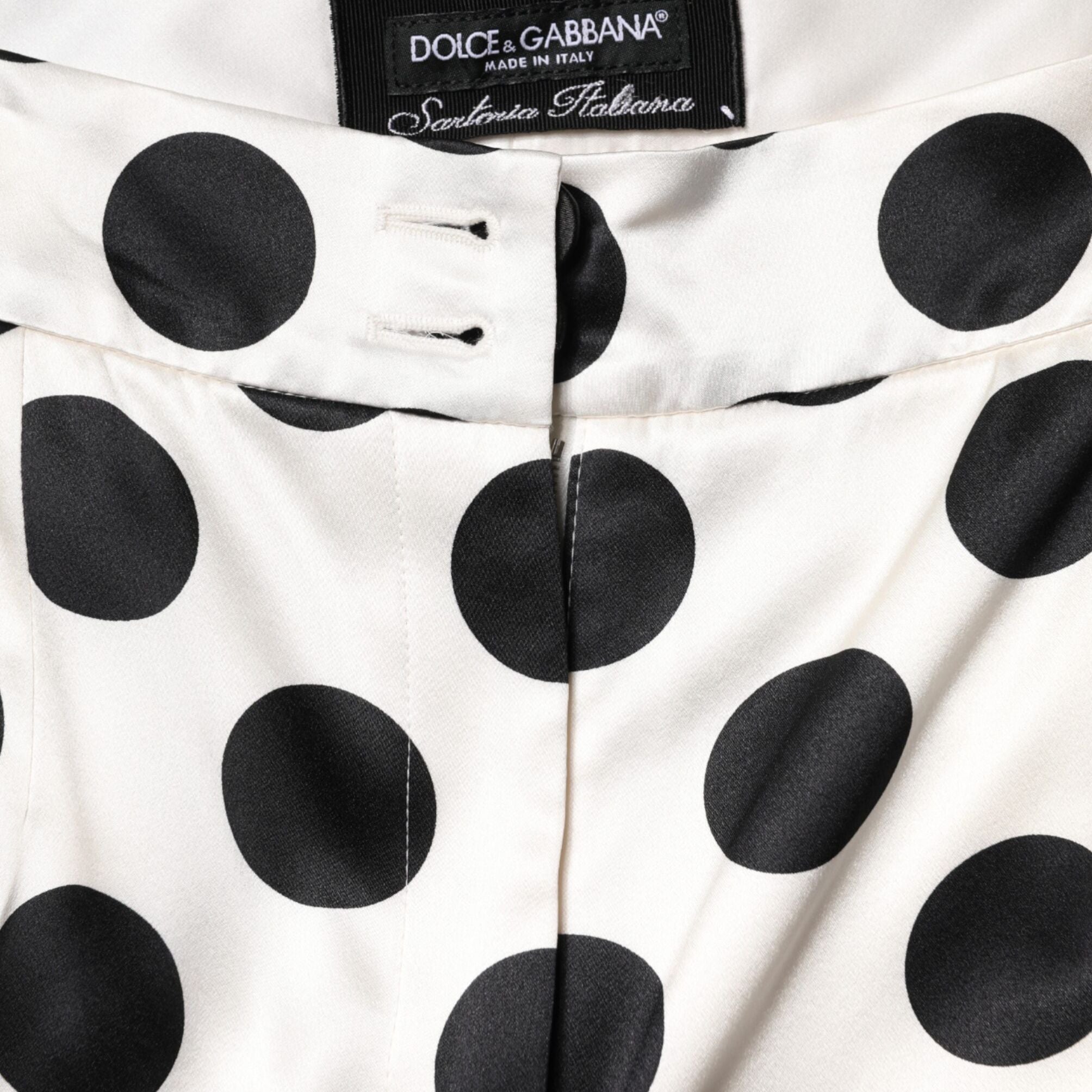Dolce & Gabbana White Black Polka Dot Silk Mid Waist Cropped Pants