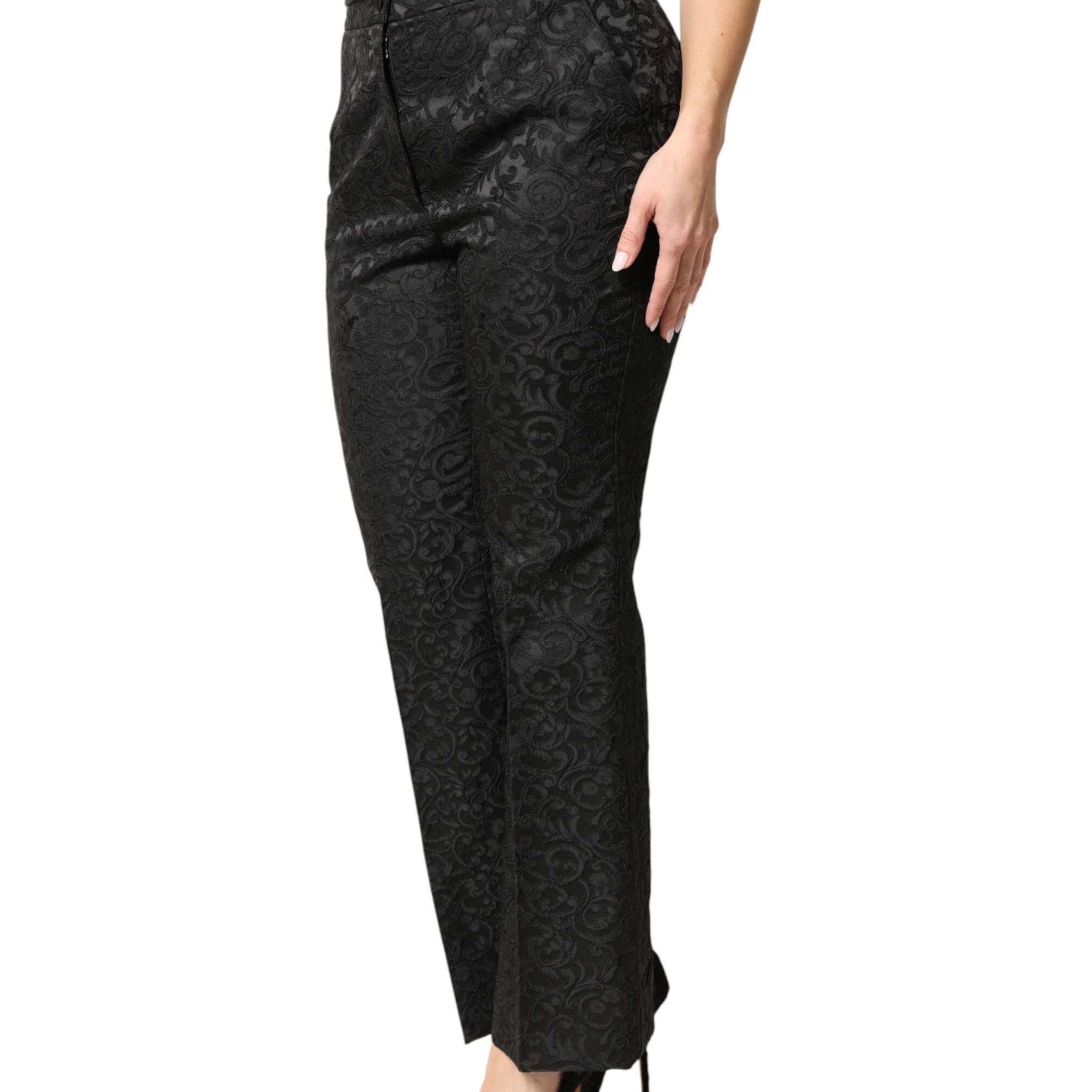 Dolce & Gabbana Black Floral Brocade High Waisted Trouser Pants