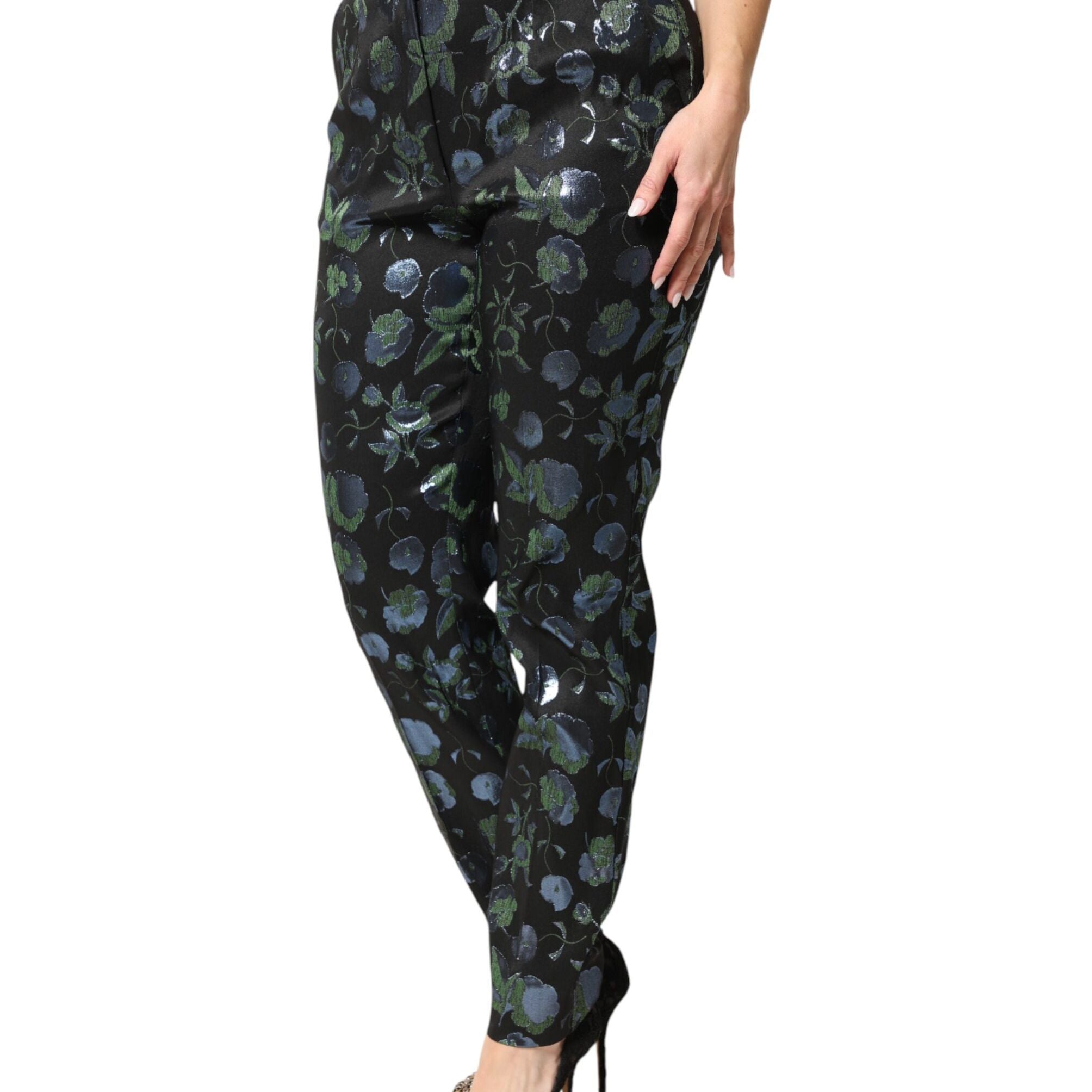 Dolce & Gabbana BlueGreen Floral Metallic Slim Trouser Pants
