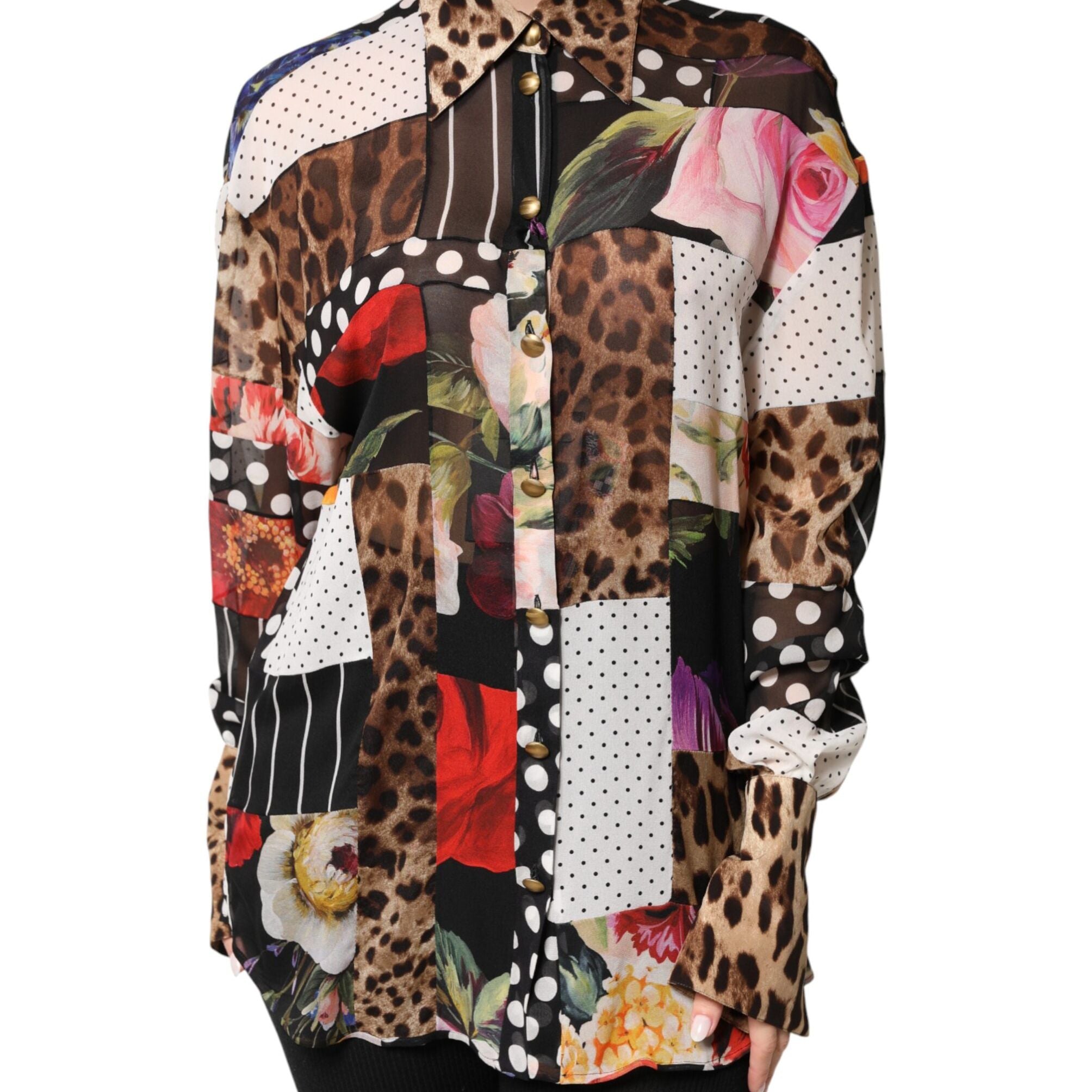 Dolce & Gabbana Multicolor Patchwork Silk CollaredBlouse Top