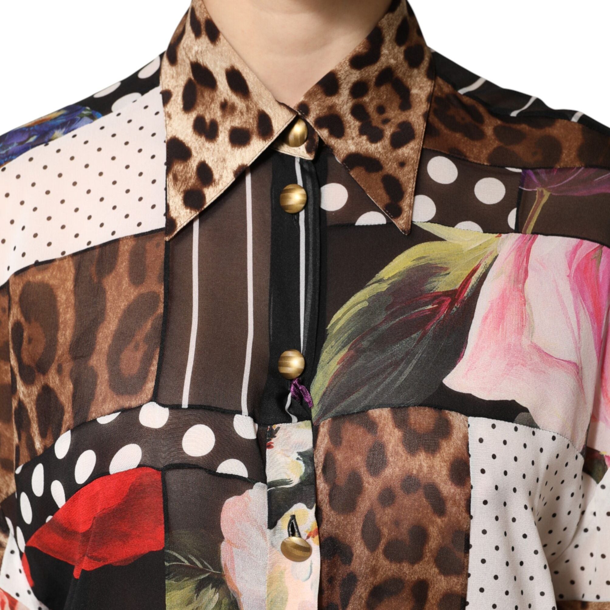 Dolce & Gabbana Multicolor Patchwork Silk CollaredBlouse Top