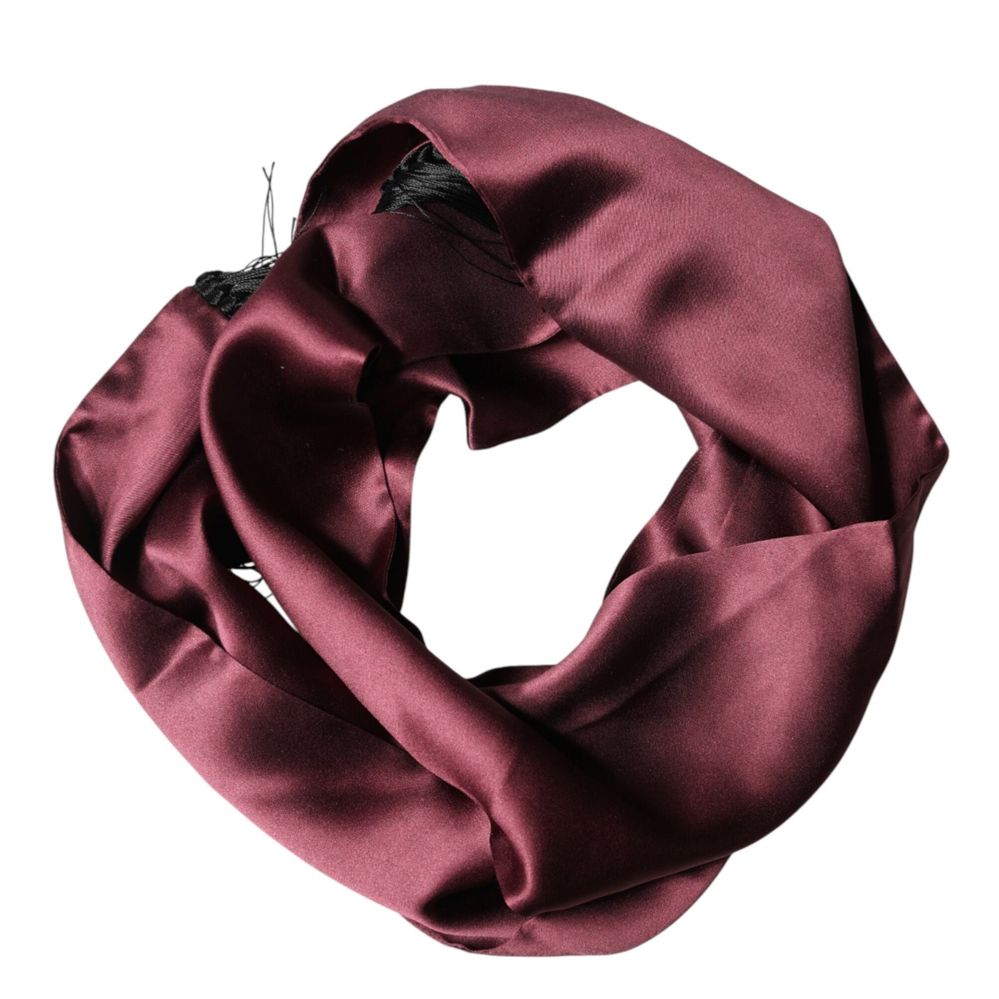 Dolce & Gabbana Maroon Silk Satin Fringes Neck Foulard Scarf