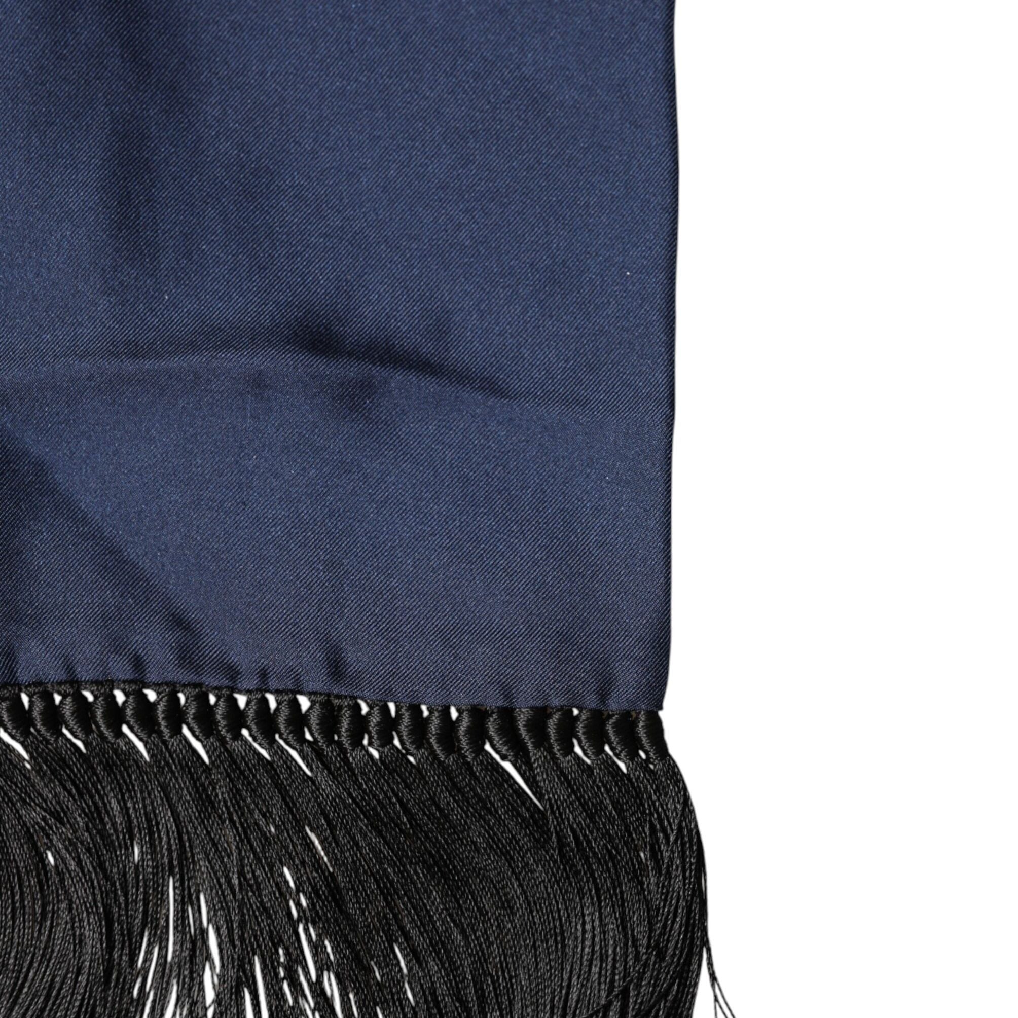 Dolce & Gabbana Navy Blue Silk Fringes Neck Foulard Scarf