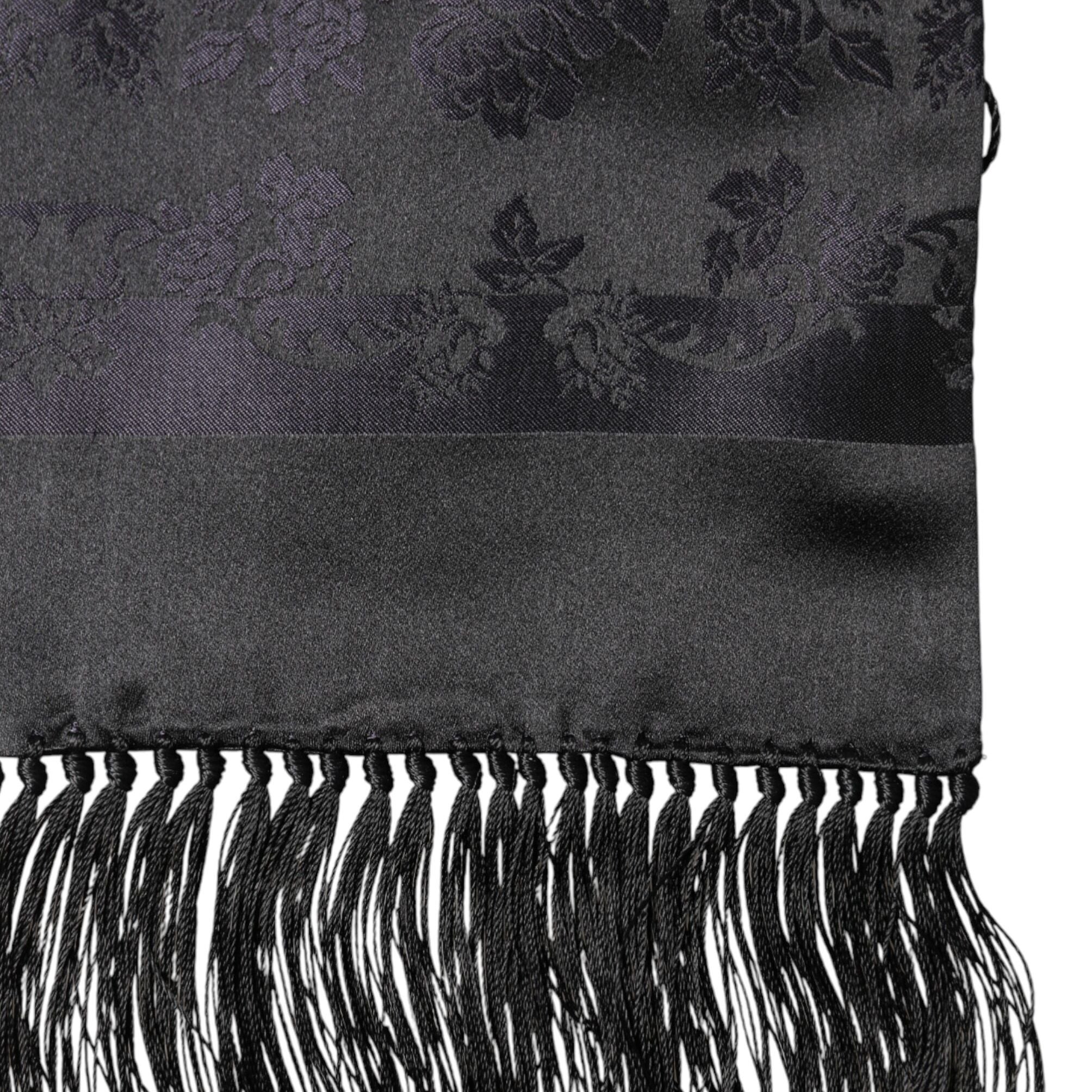 Dolce & Gabbana Black Satin Silk Fringes Neck Foulard Scarf
