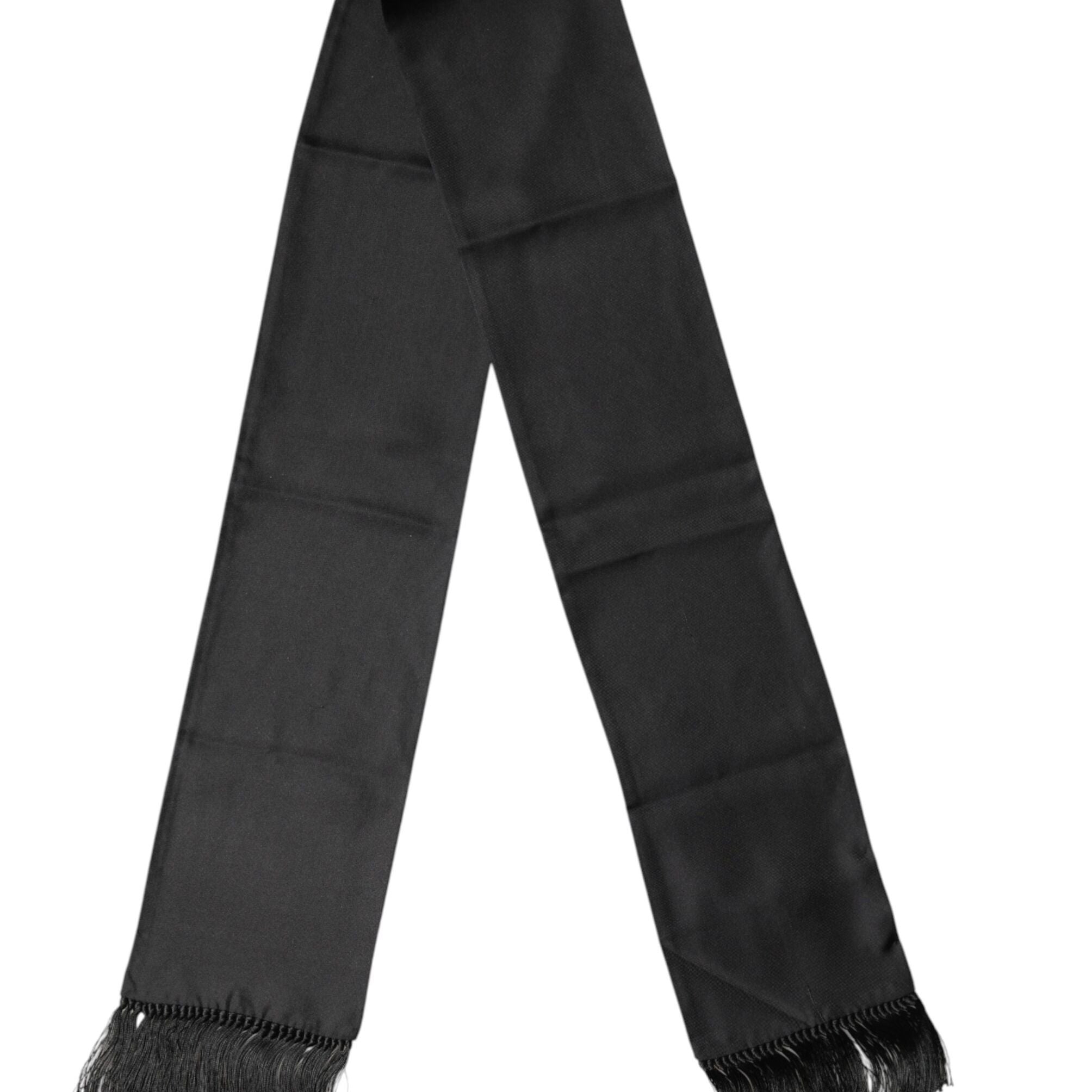 Dolce & Gabbana Black Satin Silk Fringes Neck Foulard 143.5cm x15cm Scarf