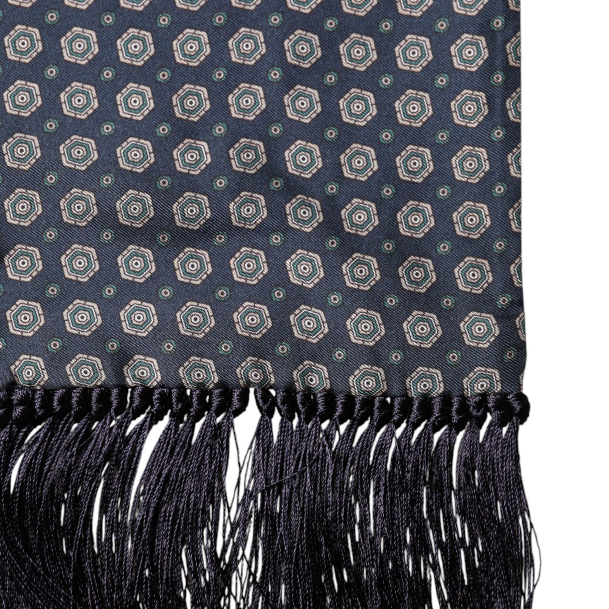 Dolce & Gabbana Blue Patterned Silk Fringes Foulard 138cm x 15.5cm Scarf