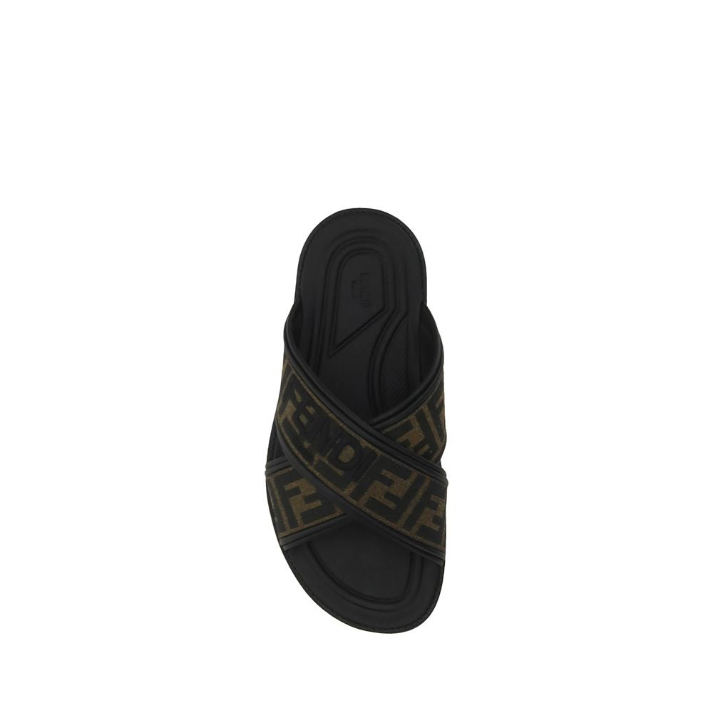 Fendi Black Calf Leather Bos Taurus Flat Sandals