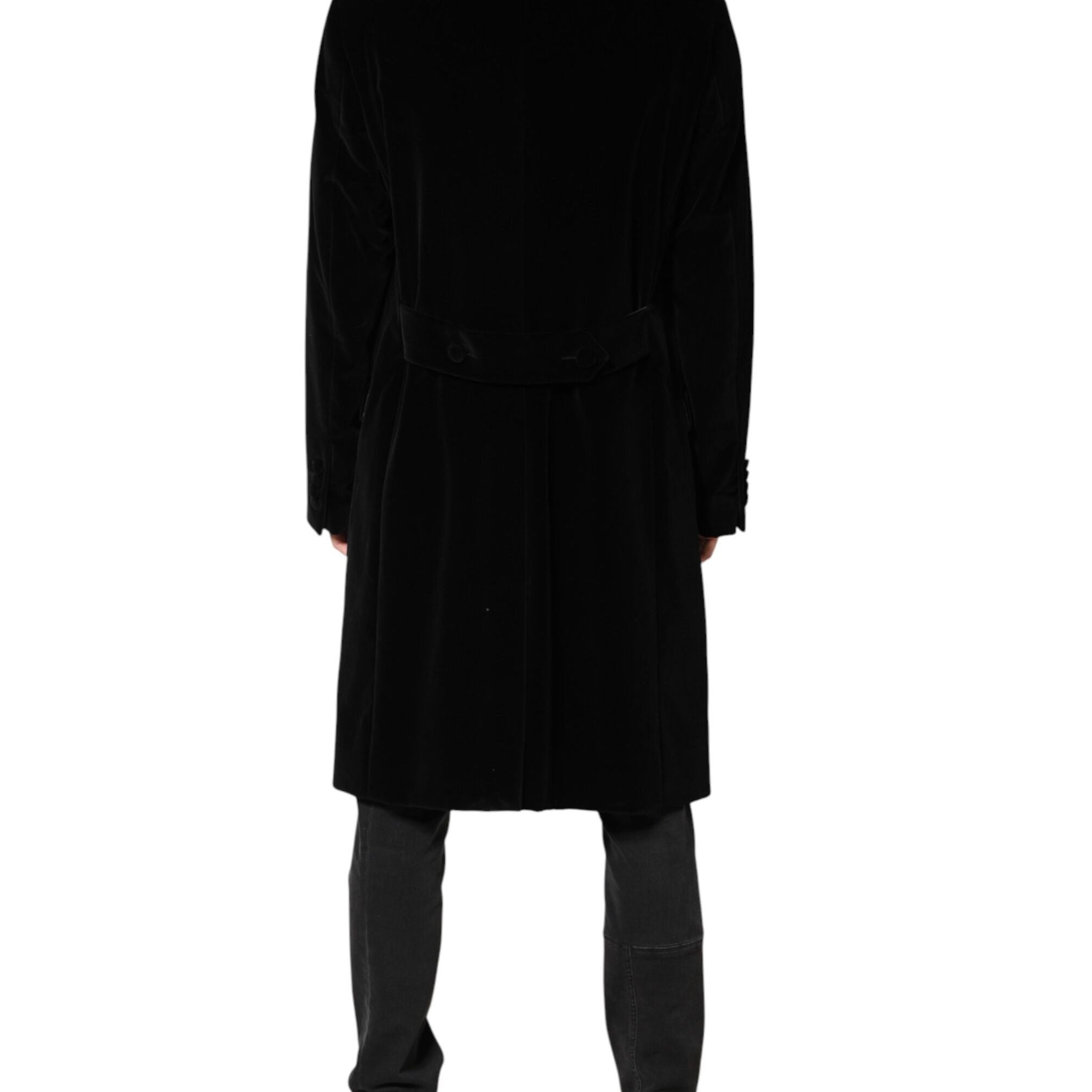 Dolce & Gabbana Black Cotton Velvet Long Trench Coat Jacket