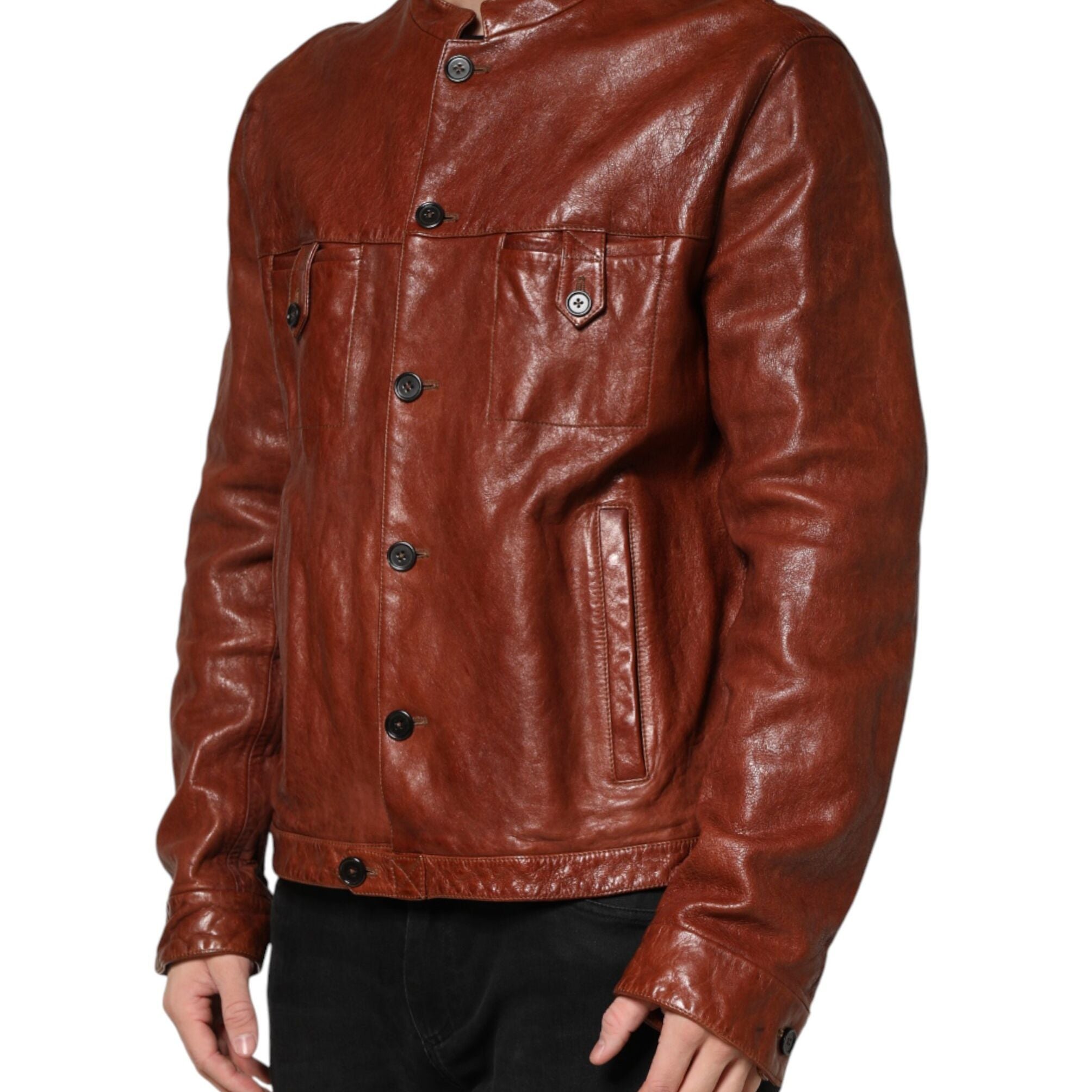 Dolce & Gabbana Brown Leather Button Down Men Biker Jacket