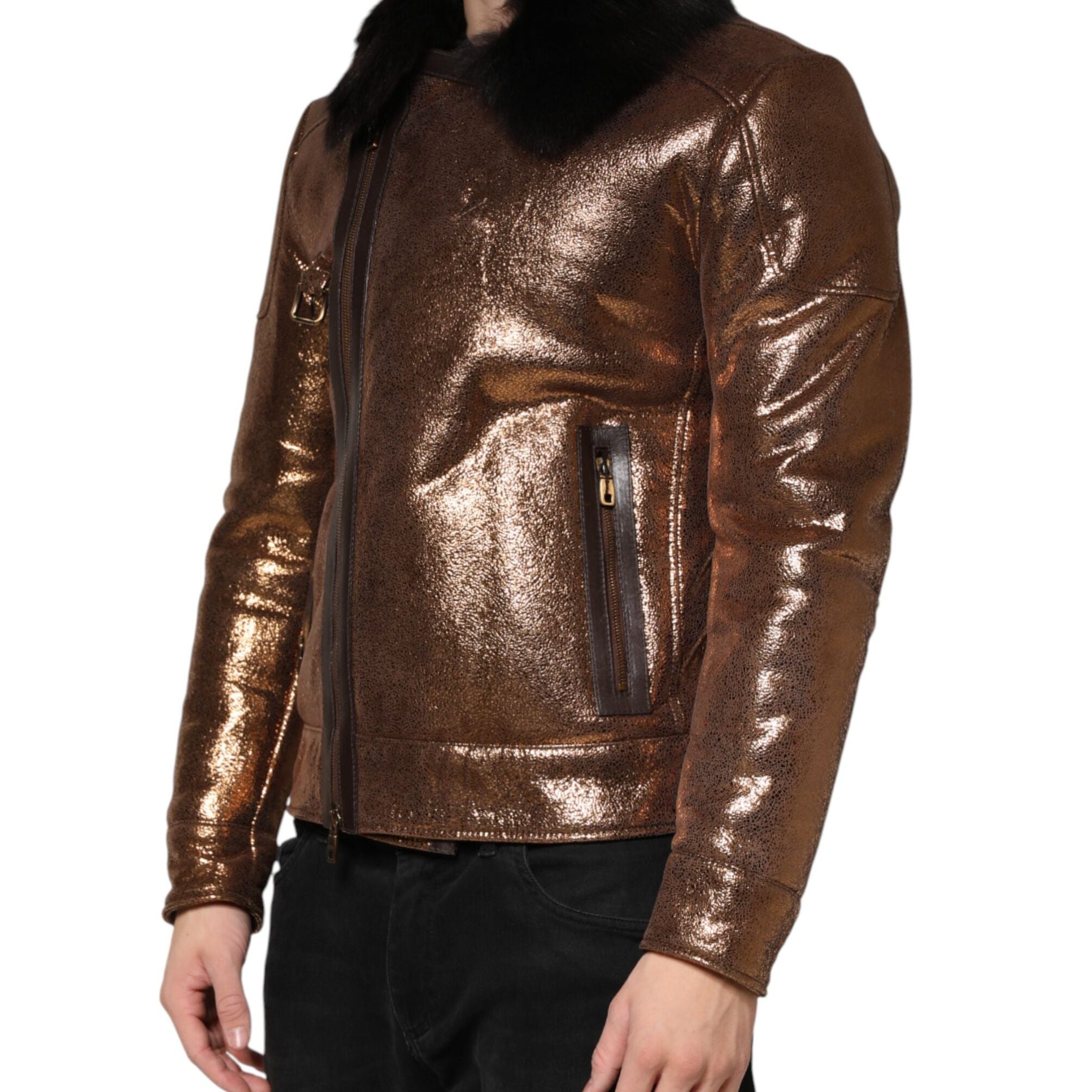 Dolce & Gabbana Bronze Leather Fur Full Zip Men Biker Jacket