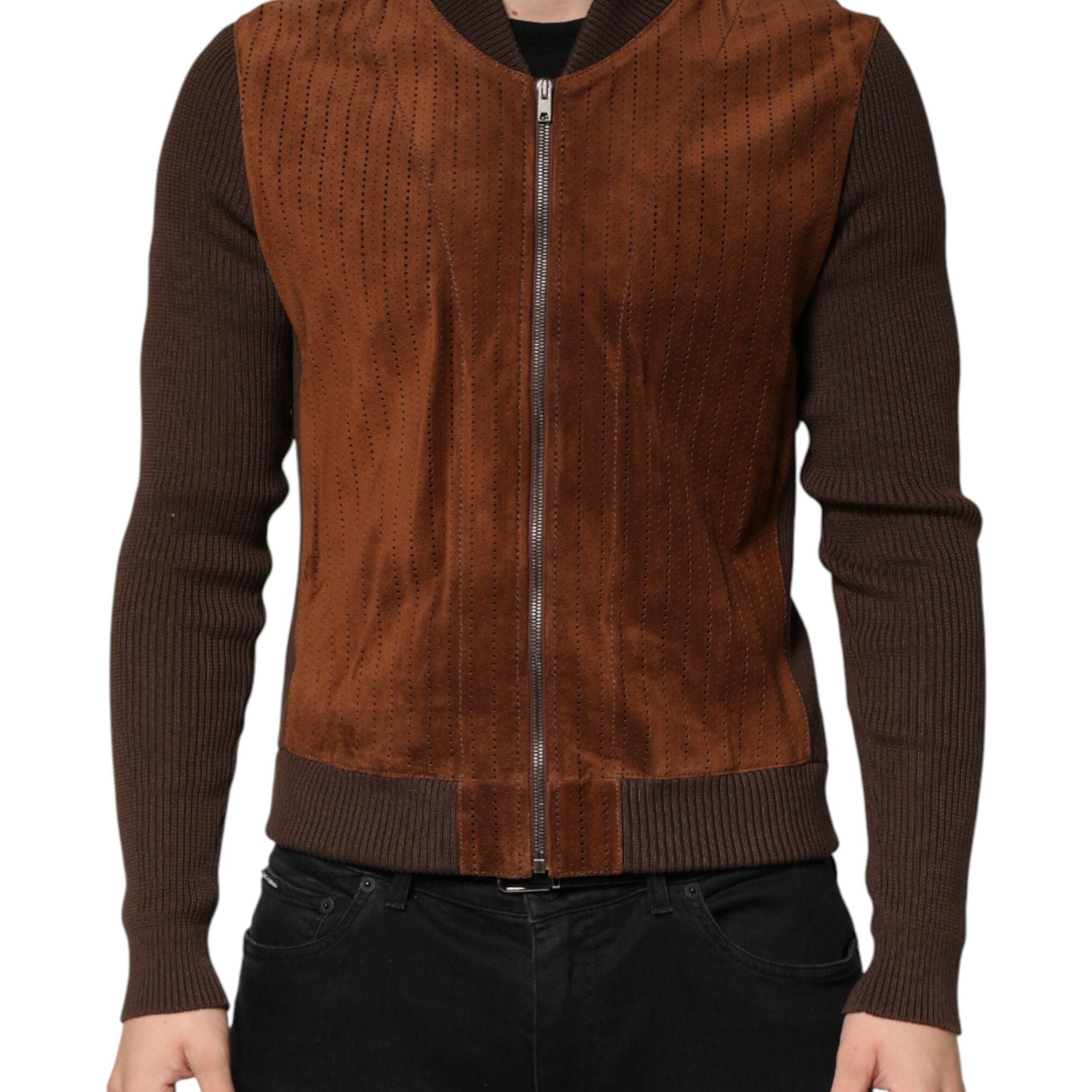 Dolce & Gabbana Brown Velvet Calfskin Full Zip Biker Jacket
