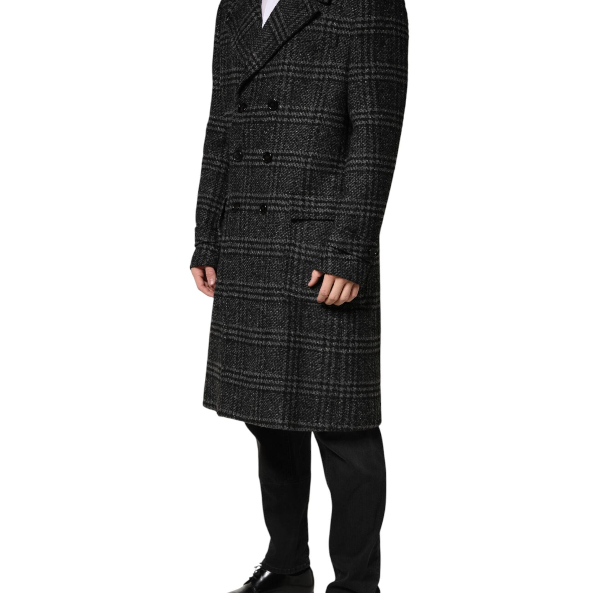 Dolce & Gabbana Grey Double Breasted Plaid Wool Coat Jacket