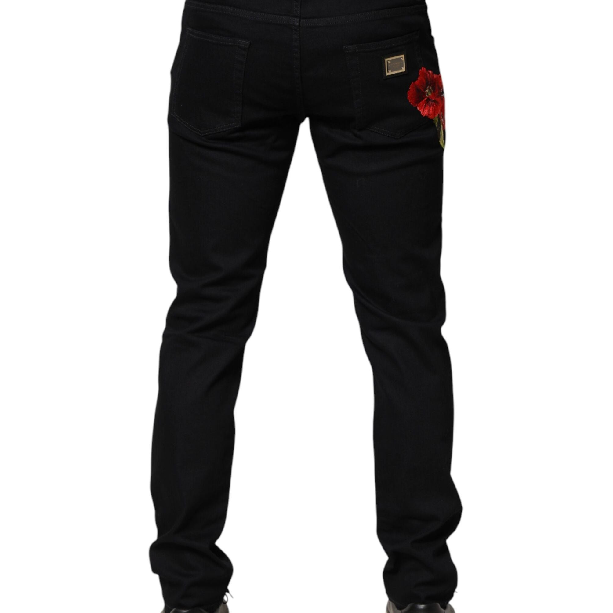 Dolce & Gabbana Black Floral Cotton Skinny Men Denim Jeans