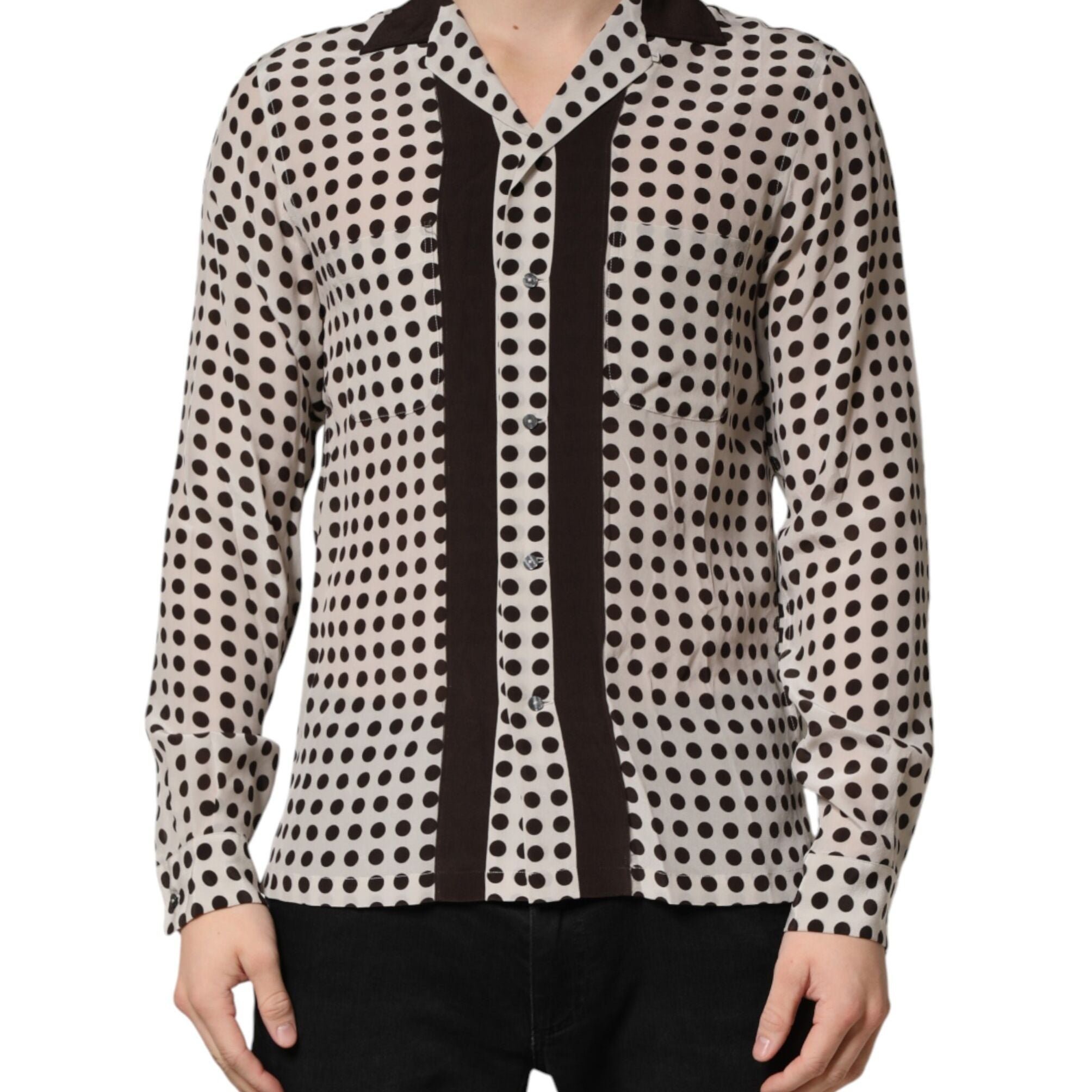 Dolce & Gabbana White Black Polka Dot Silk Men Casual Shirt