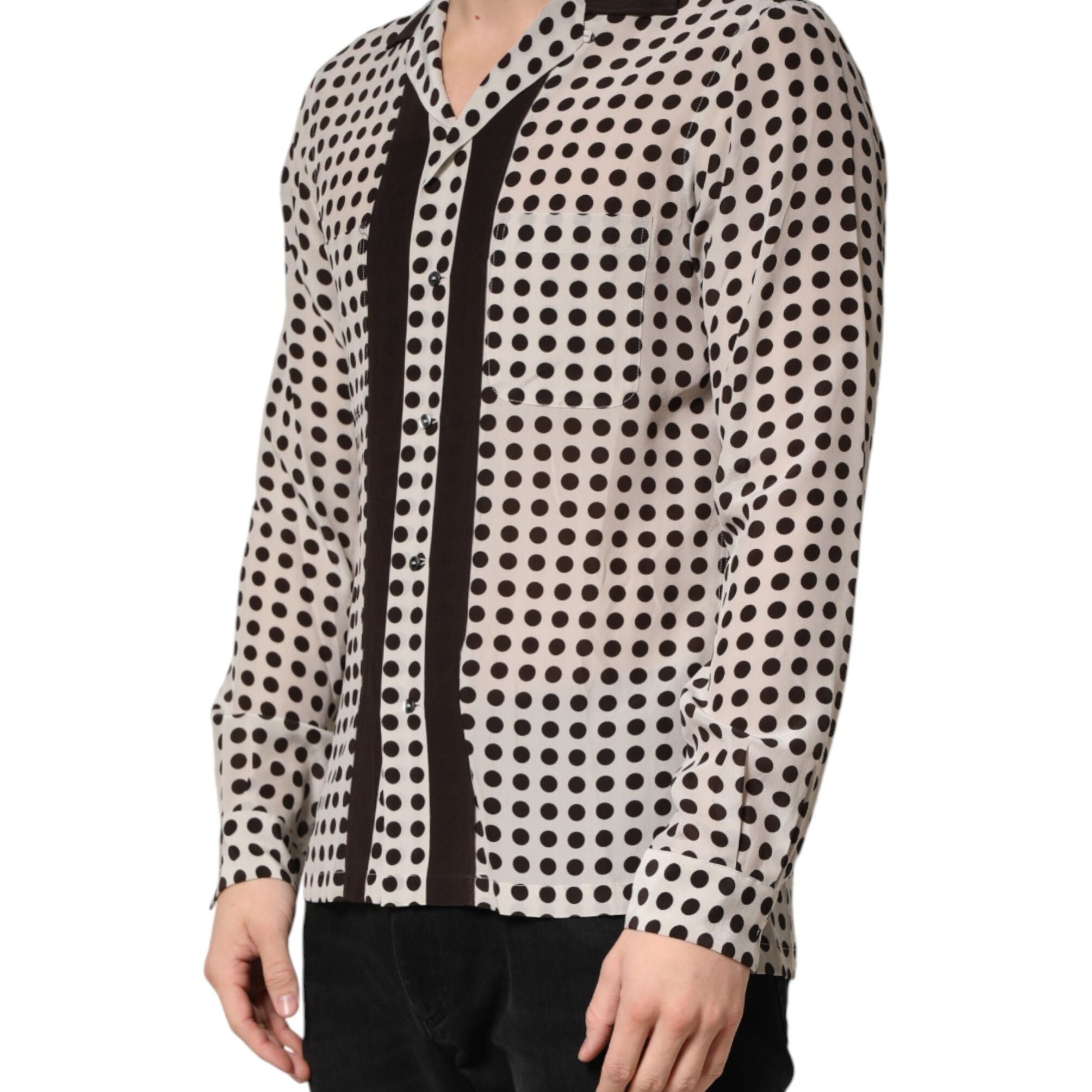 Dolce & Gabbana White Black Polka Dot Silk Men Casual Shirt