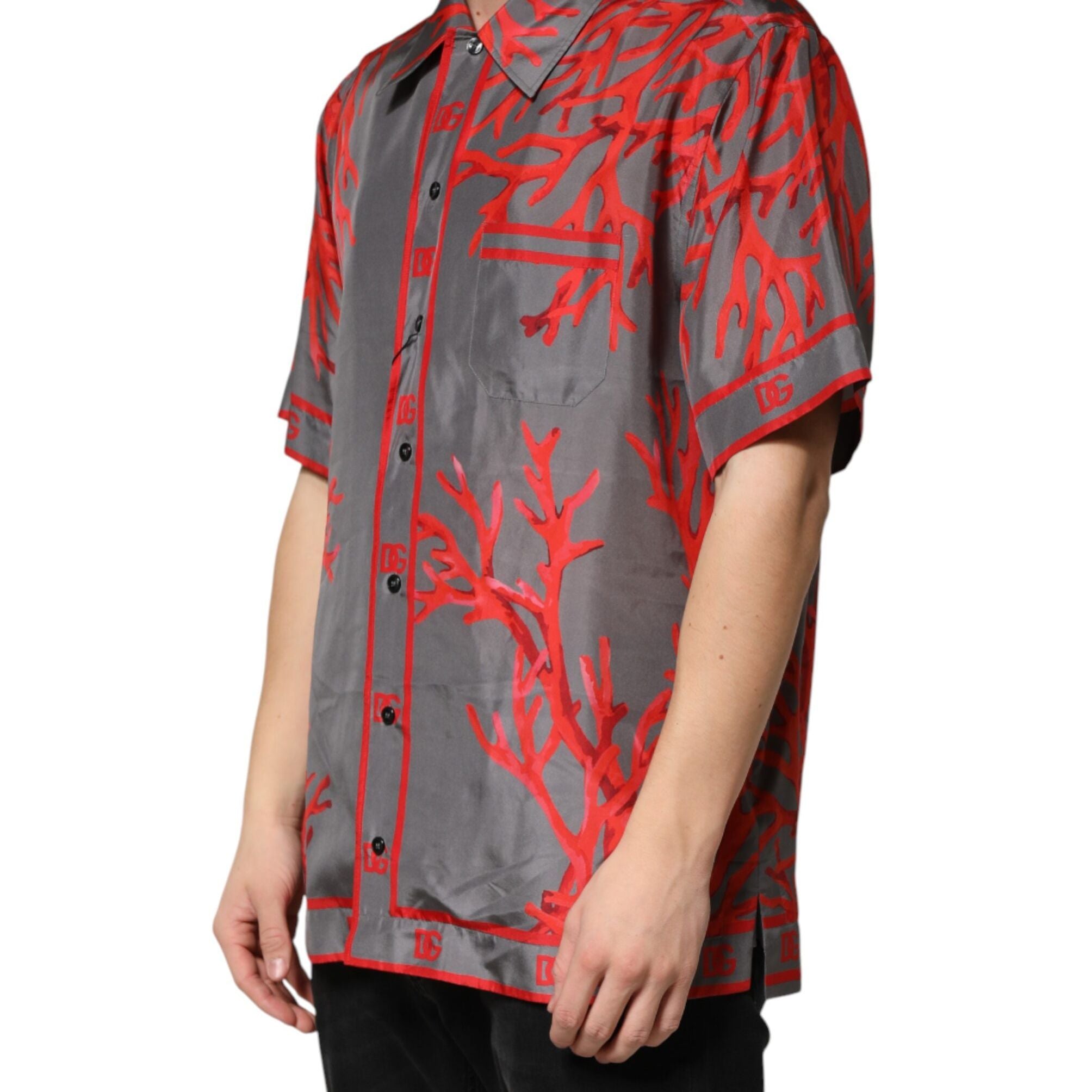 Dolce & Gabbana Gray Red Corals Short Sleeves Casual Shirt