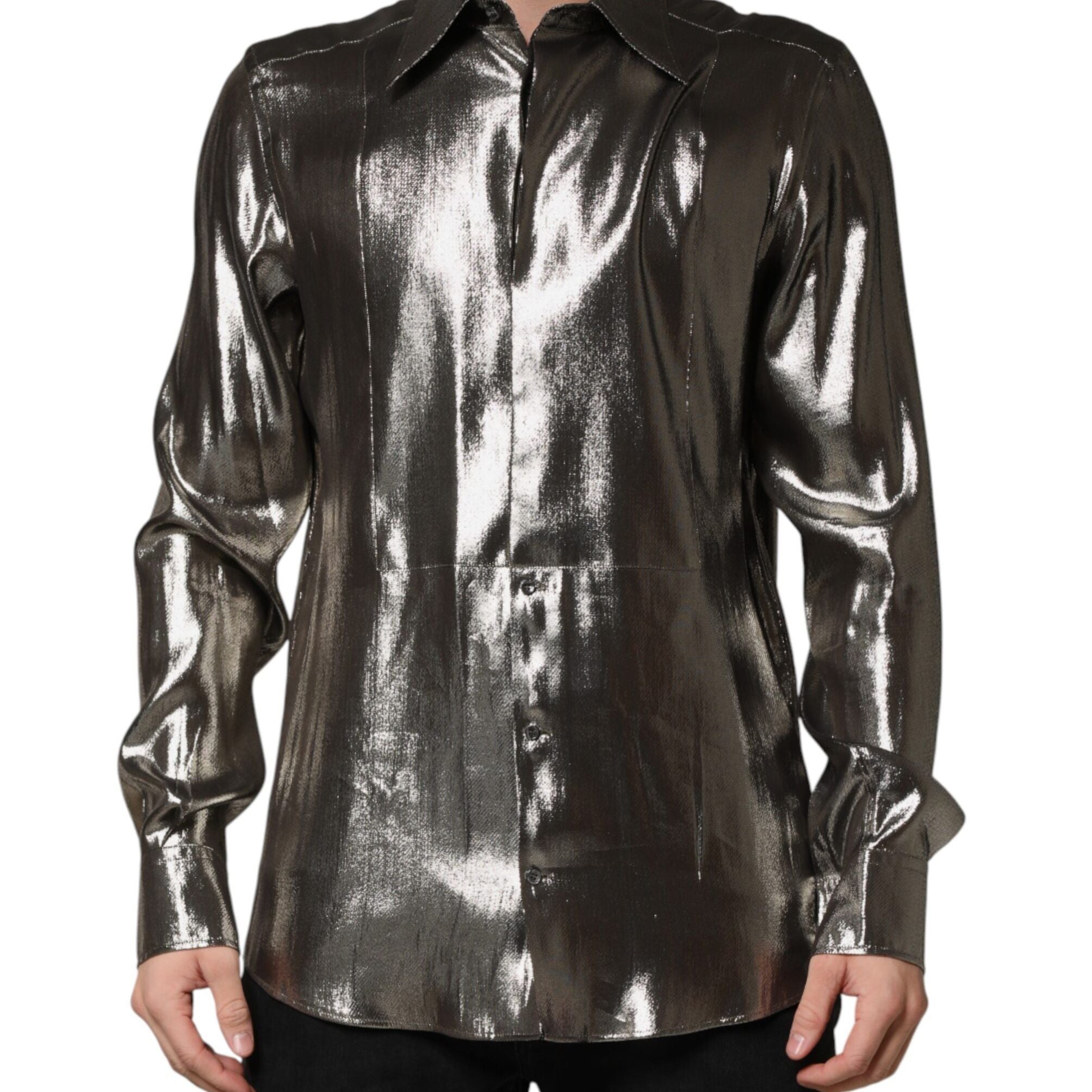 Dolce & Gabbana Silver Silk GOLD Collared Dress Formal Shirt