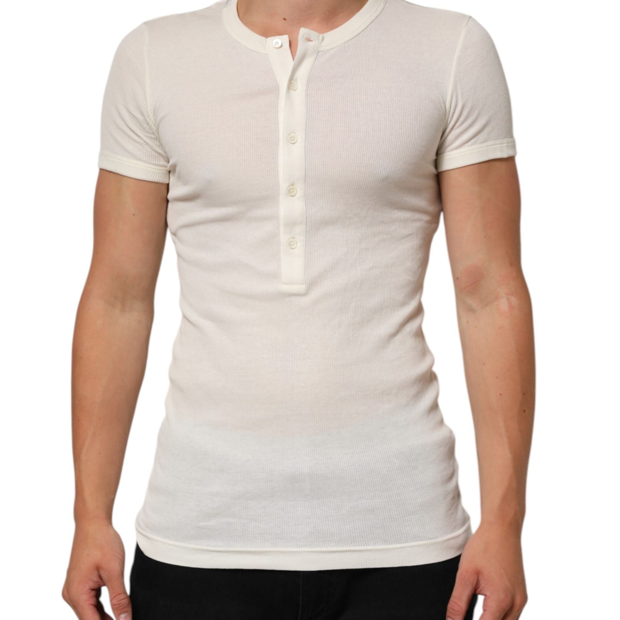 Dolce & Gabbana Off White Cotton Short Sleeve Henley T-shirt