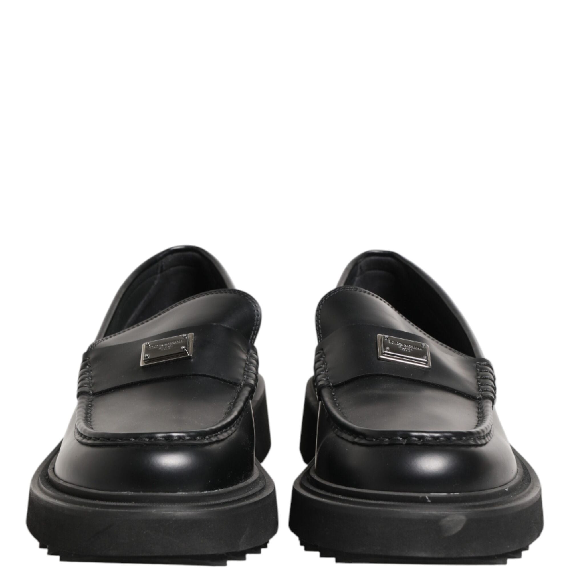 Dolce & Gabbana Black Leather DG Plaque Loafers Dress Shoes