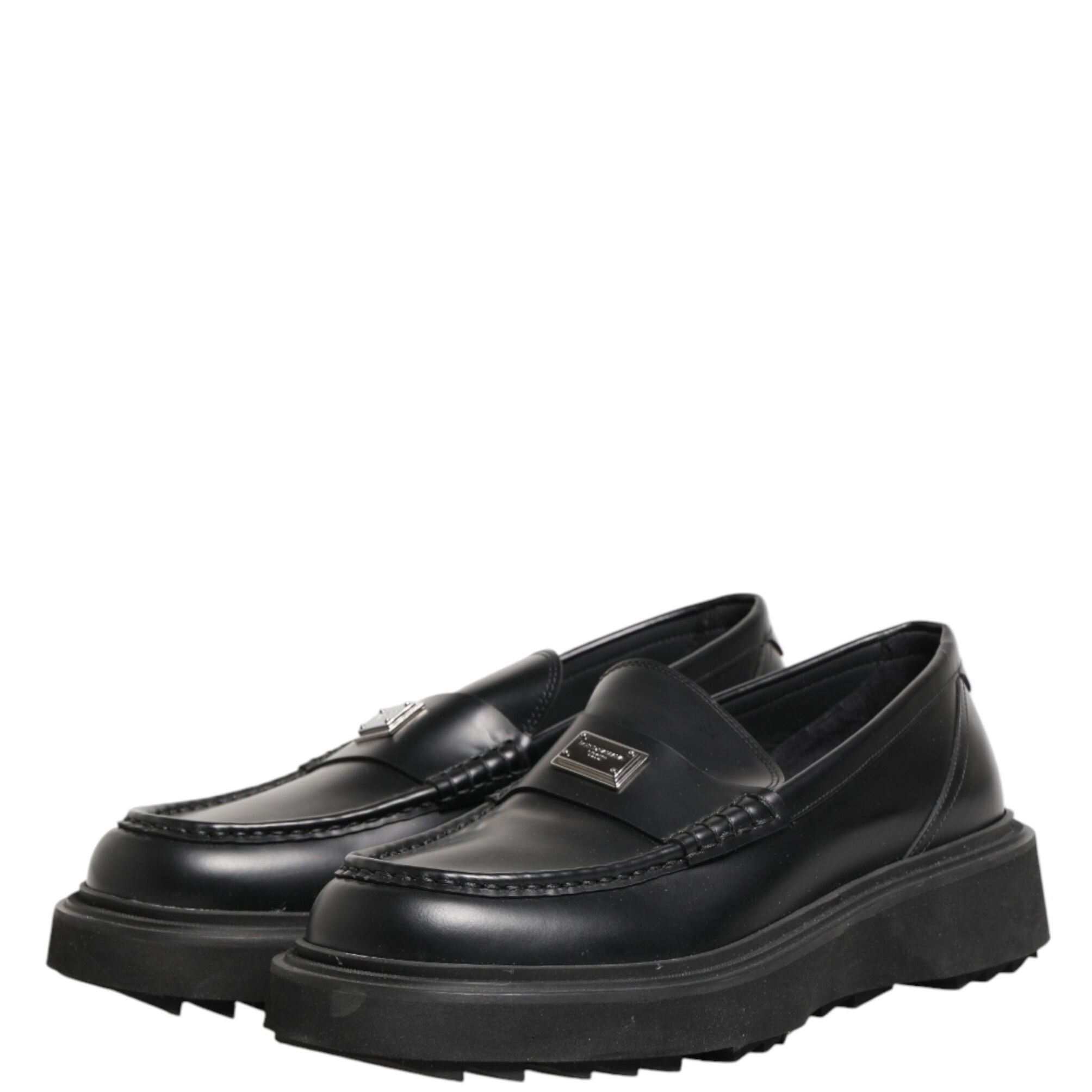 Dolce & Gabbana Black Leather DG Plaque Loafers Dress Shoes