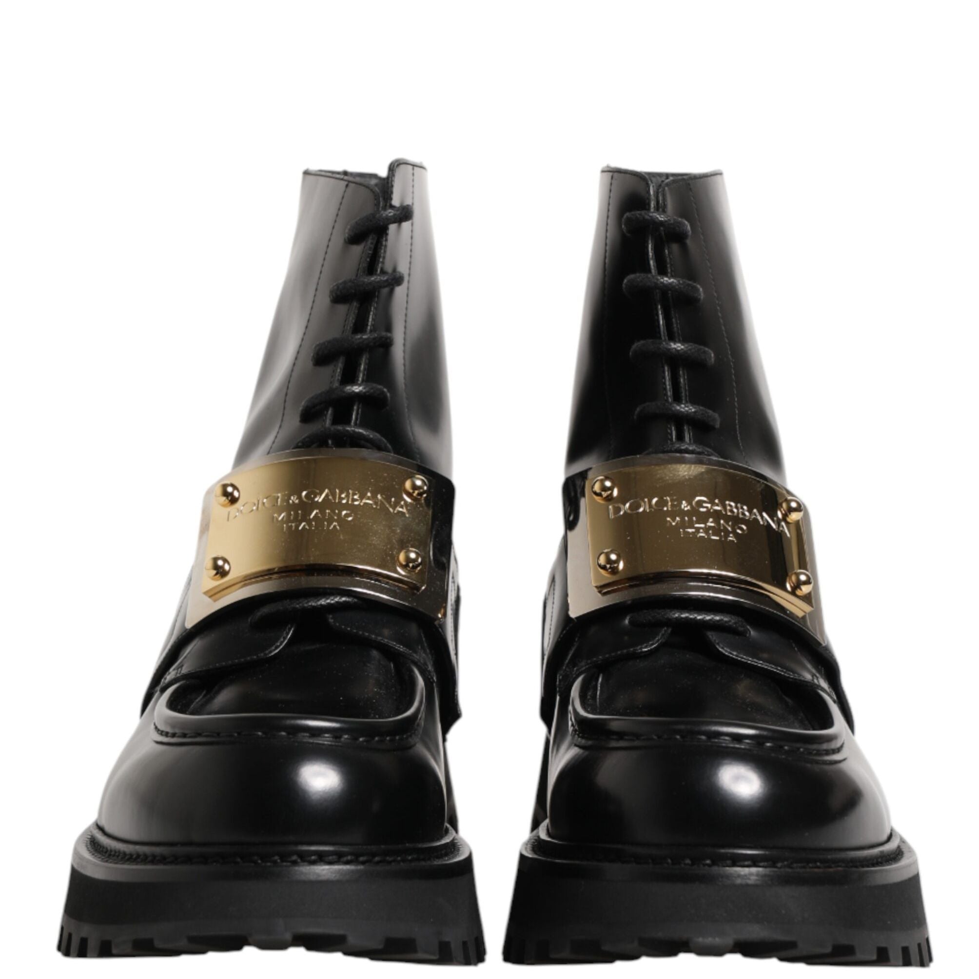 Dolce & Gabbana Black Leather DG Plaque Lace Up Boots Shoes