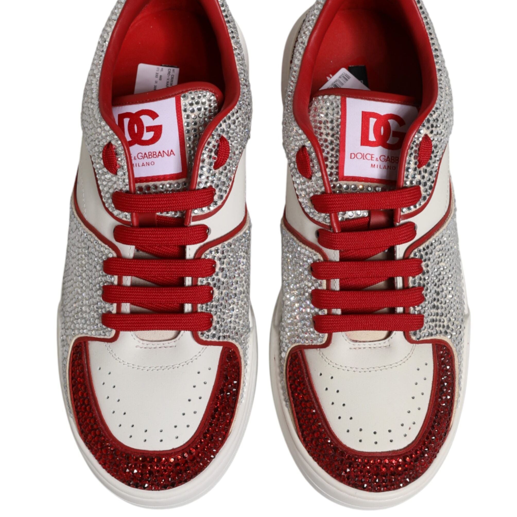 Dolce & Gabbana White Red Rhinestone Embellished Men Sneakers Shoes