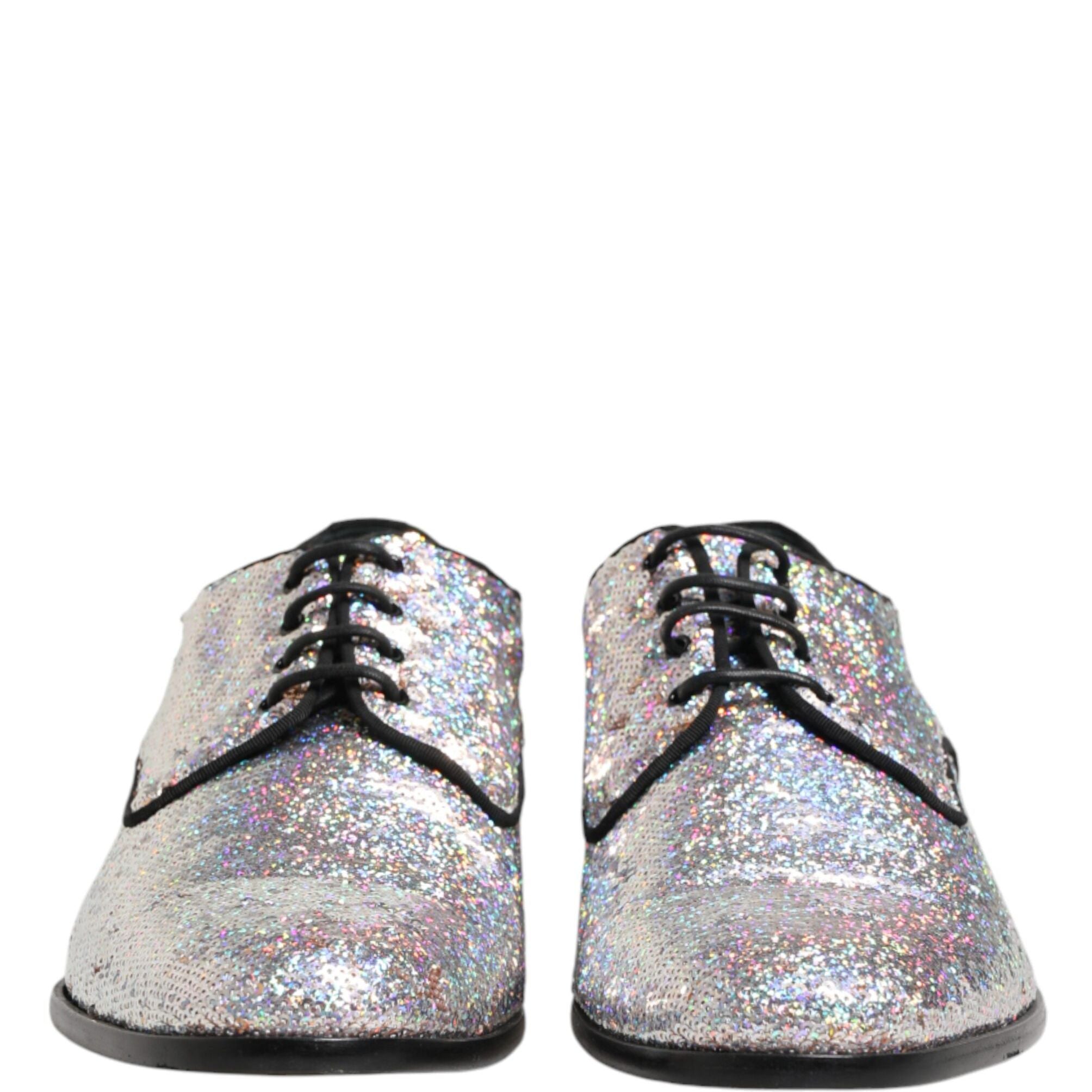 Dolce & Gabbana Silver Sequined Lace Up Men Derby Dress Shoes