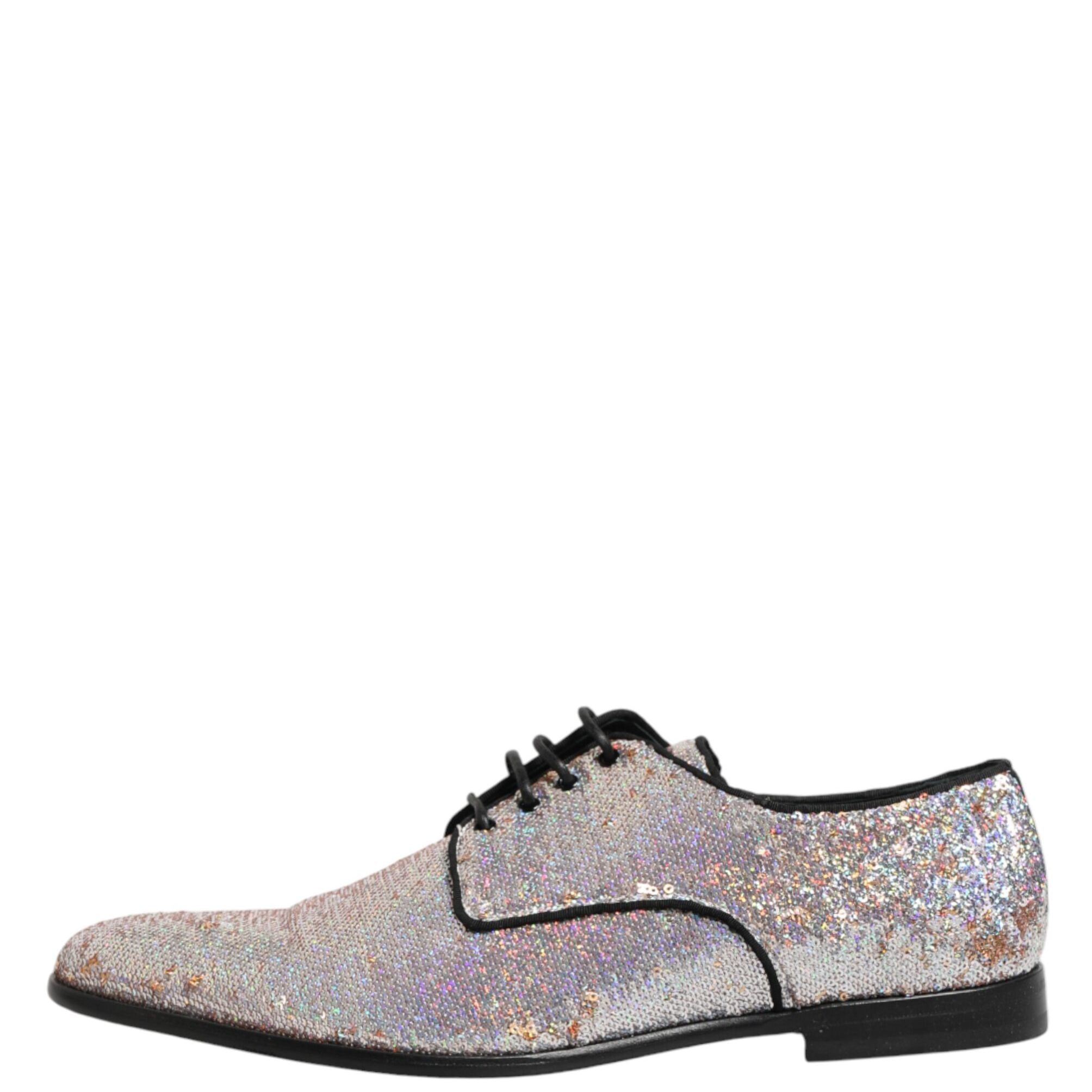 Dolce & Gabbana Silver Sequined Lace Up Men Derby Dress Shoes
