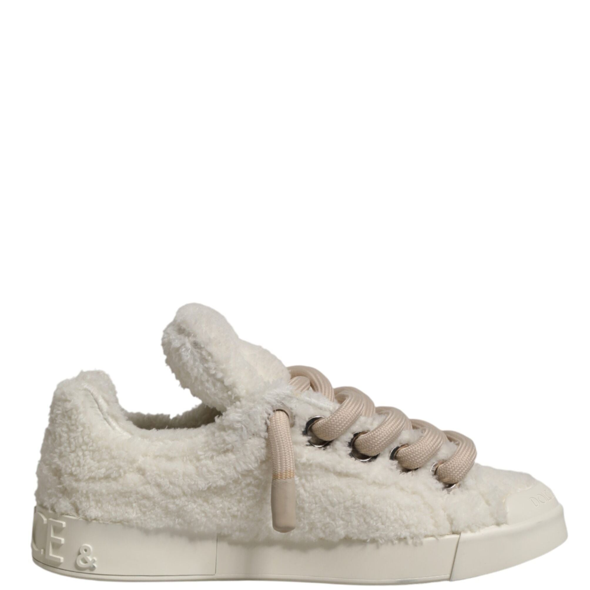 Dolce & Gabbana White Faux Shearling Low Top Sneakers  Shoes