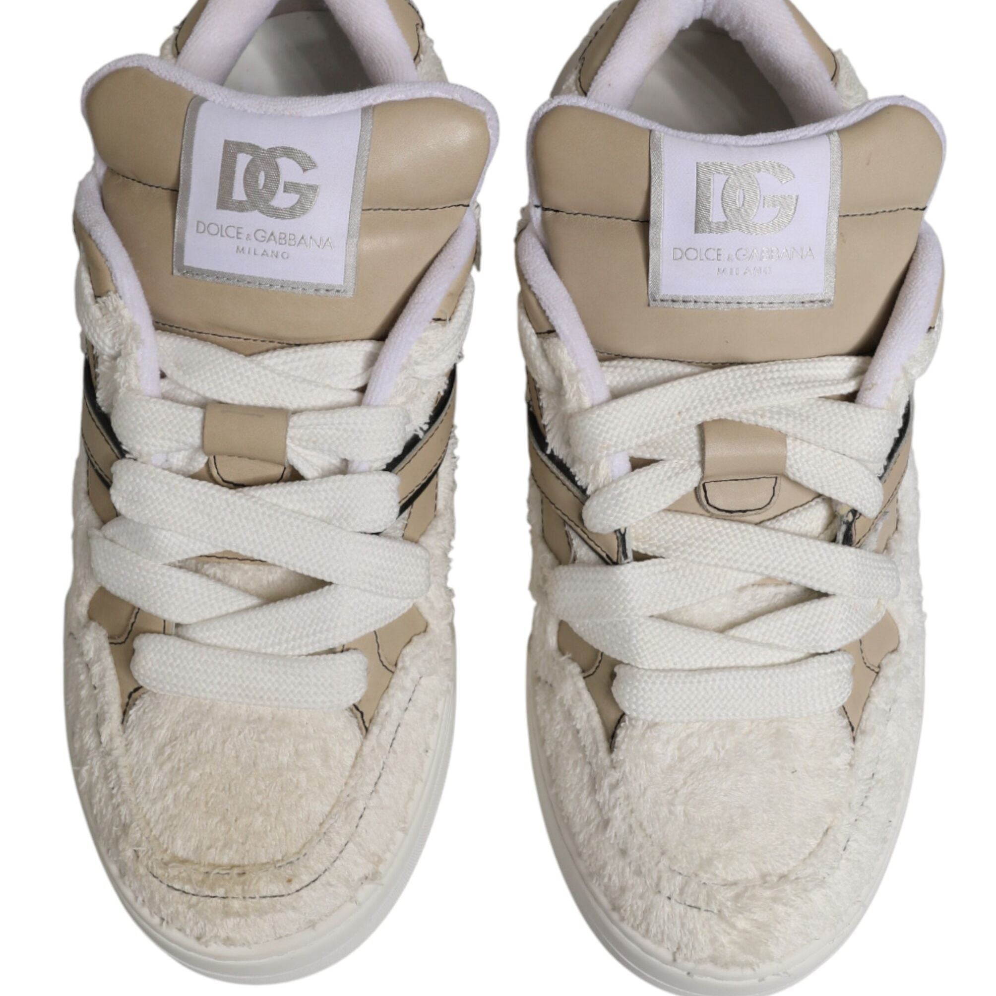 Dolce & Gabbana White Beige Faux Shearling Low Top Sneakers Shoes