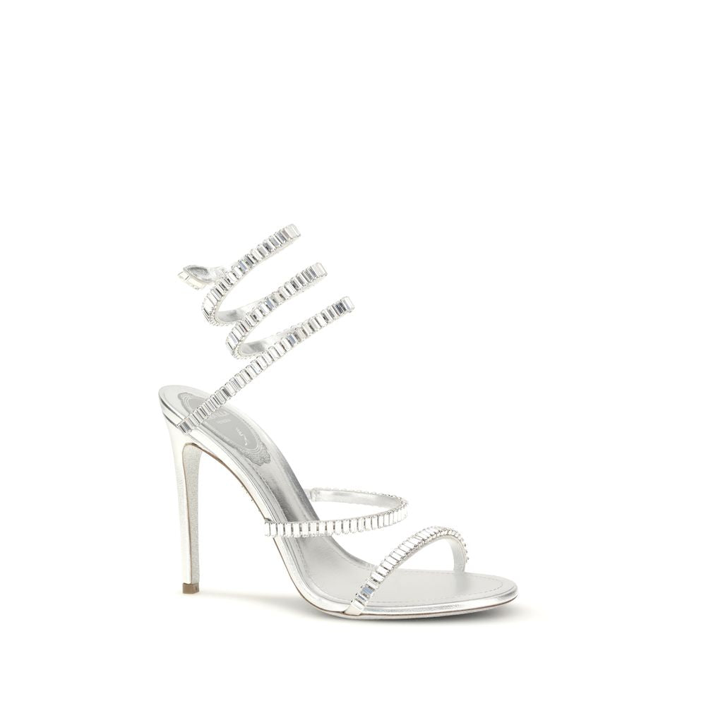 RENE CAOVILLA Silver Calf Leather Bos Taurus Stiletto Heel Sandals